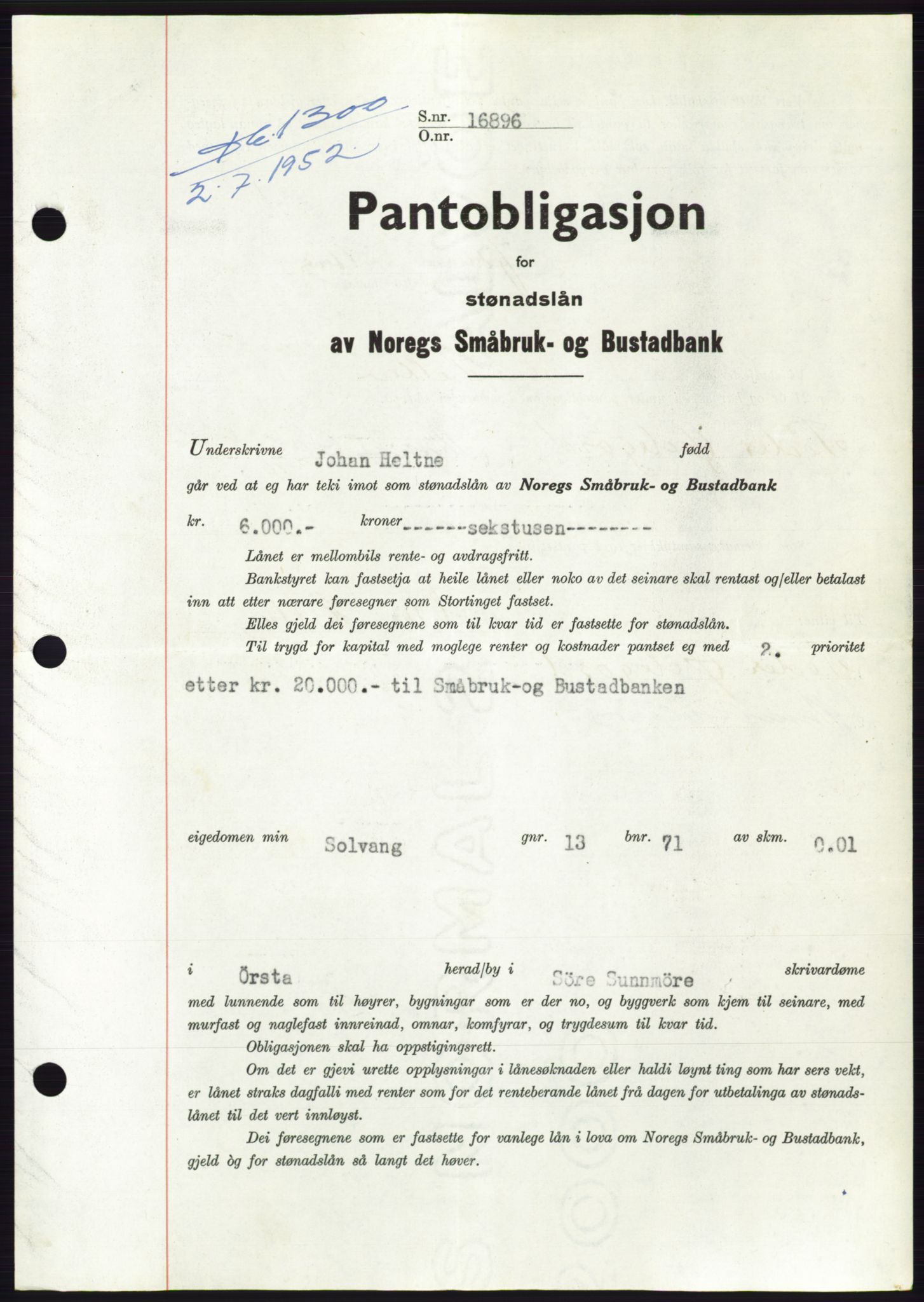 Søre Sunnmøre sorenskriveri, AV/SAT-A-4122/1/2/2C/L0121: Pantebok nr. 9B, 1951-1952, Dagboknr: 1300/1952