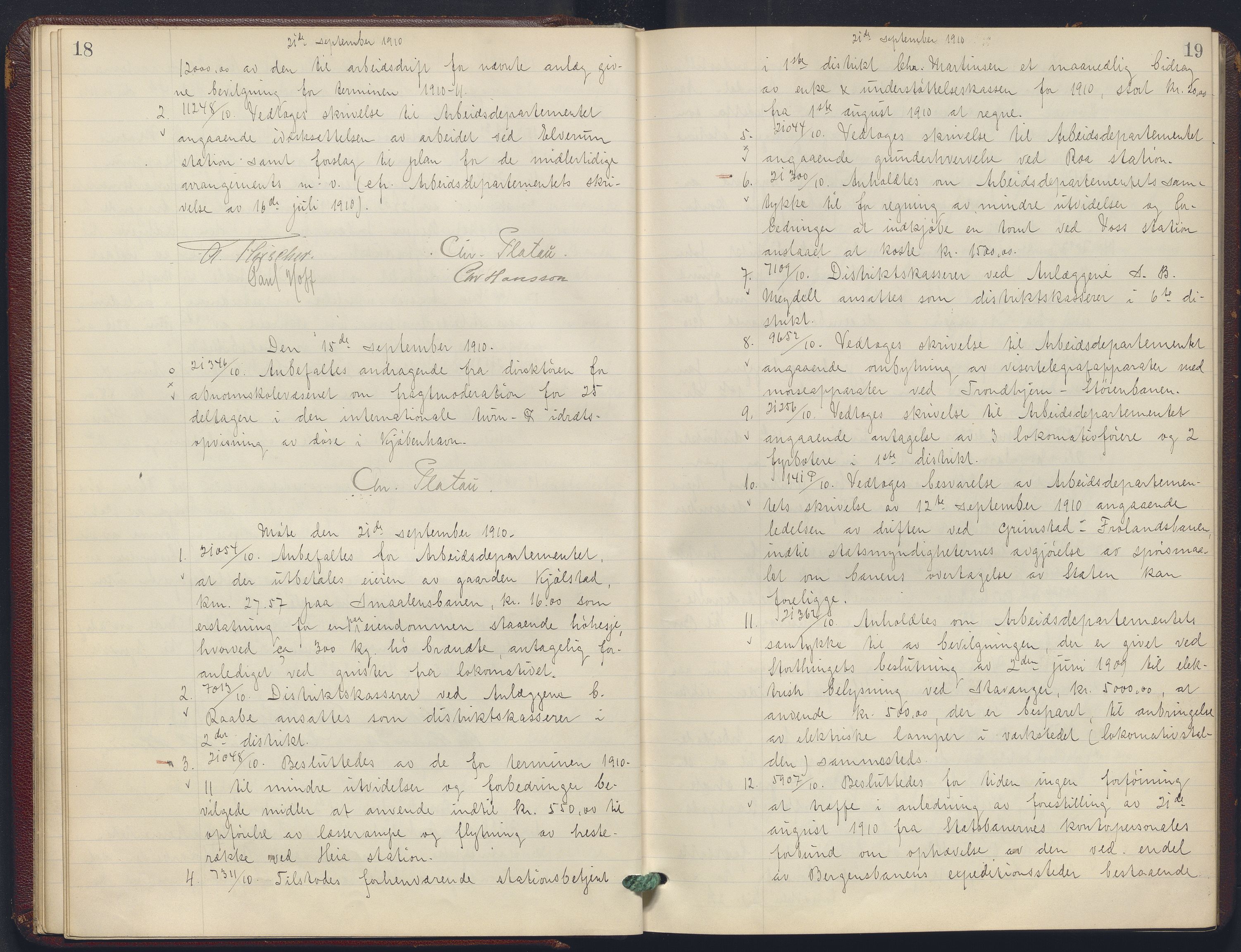 Norges statsbaner, Administrasjons- økonomi- og personalavdelingen, AV/RA-S-3412/A/Aa/L0011: Forhandlingsprotokoll, 1910-1911, s. 18-19