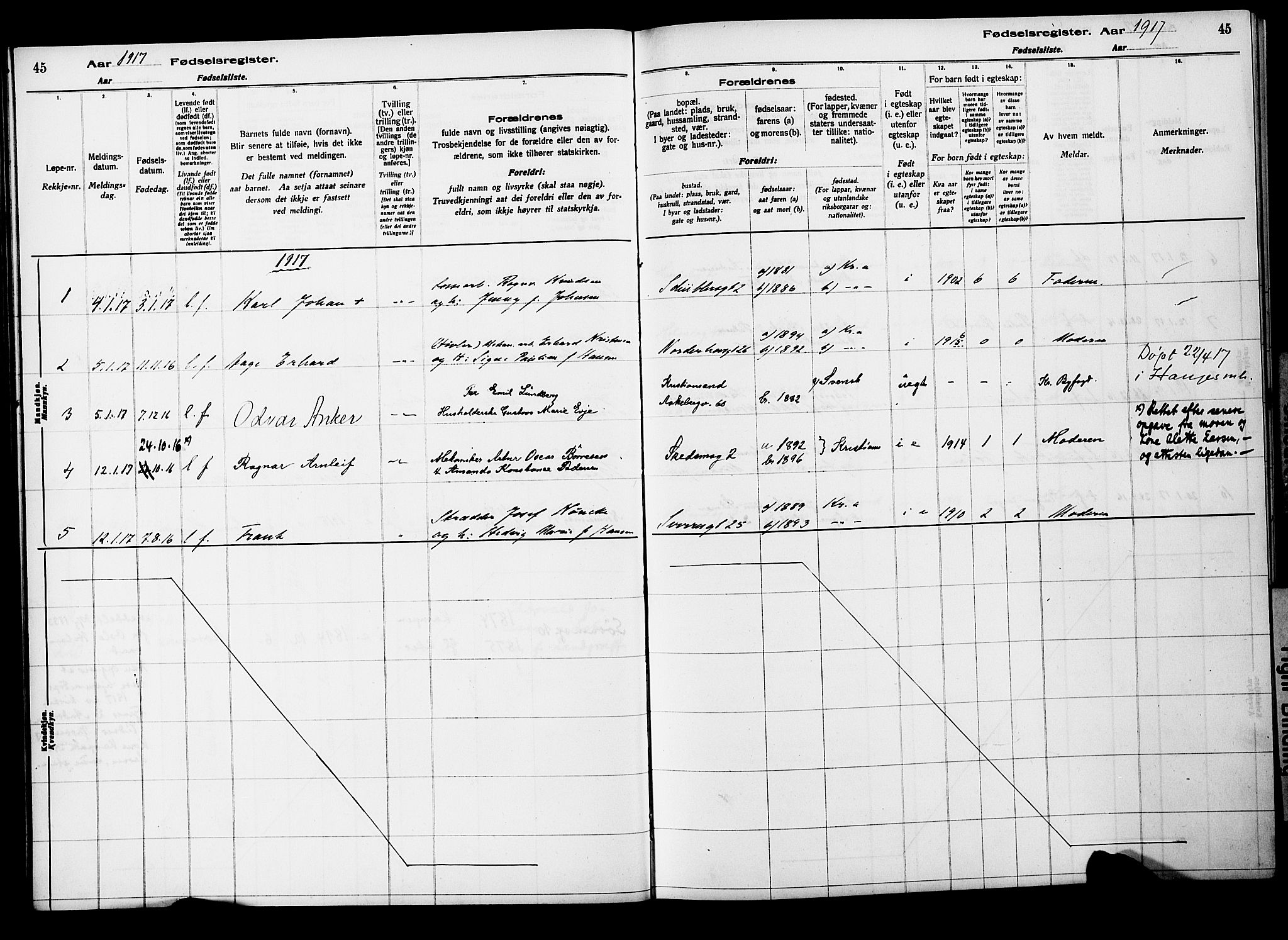 Kampen prestekontor Kirkebøker, SAO/A-10853/J/Ja/L0001: Fødselsregister nr. 1, 1916-1920, s. 45