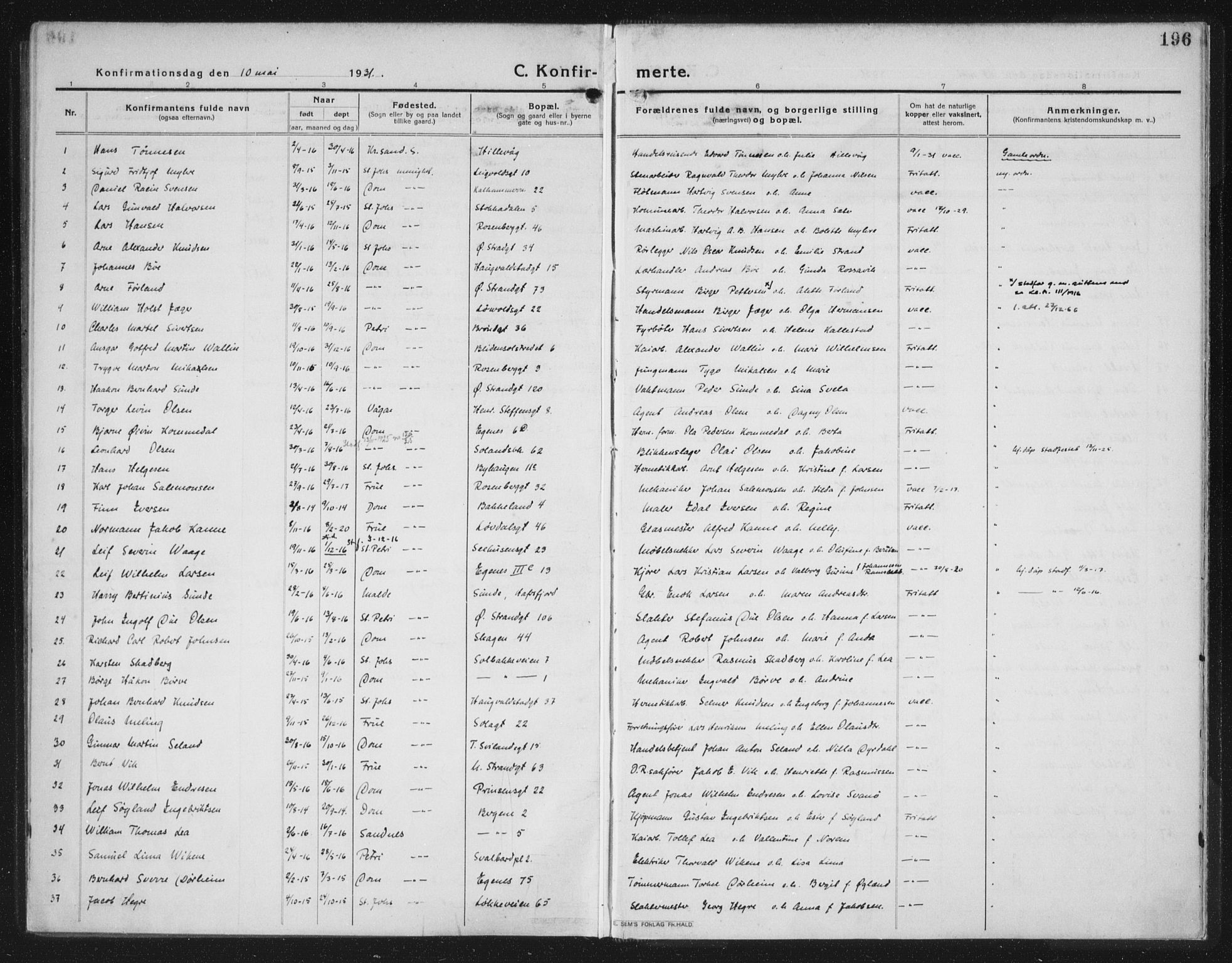 Domkirken sokneprestkontor, SAST/A-101812/002/A/L0019: Ministerialbok nr. A 35, 1916-1932, s. 196