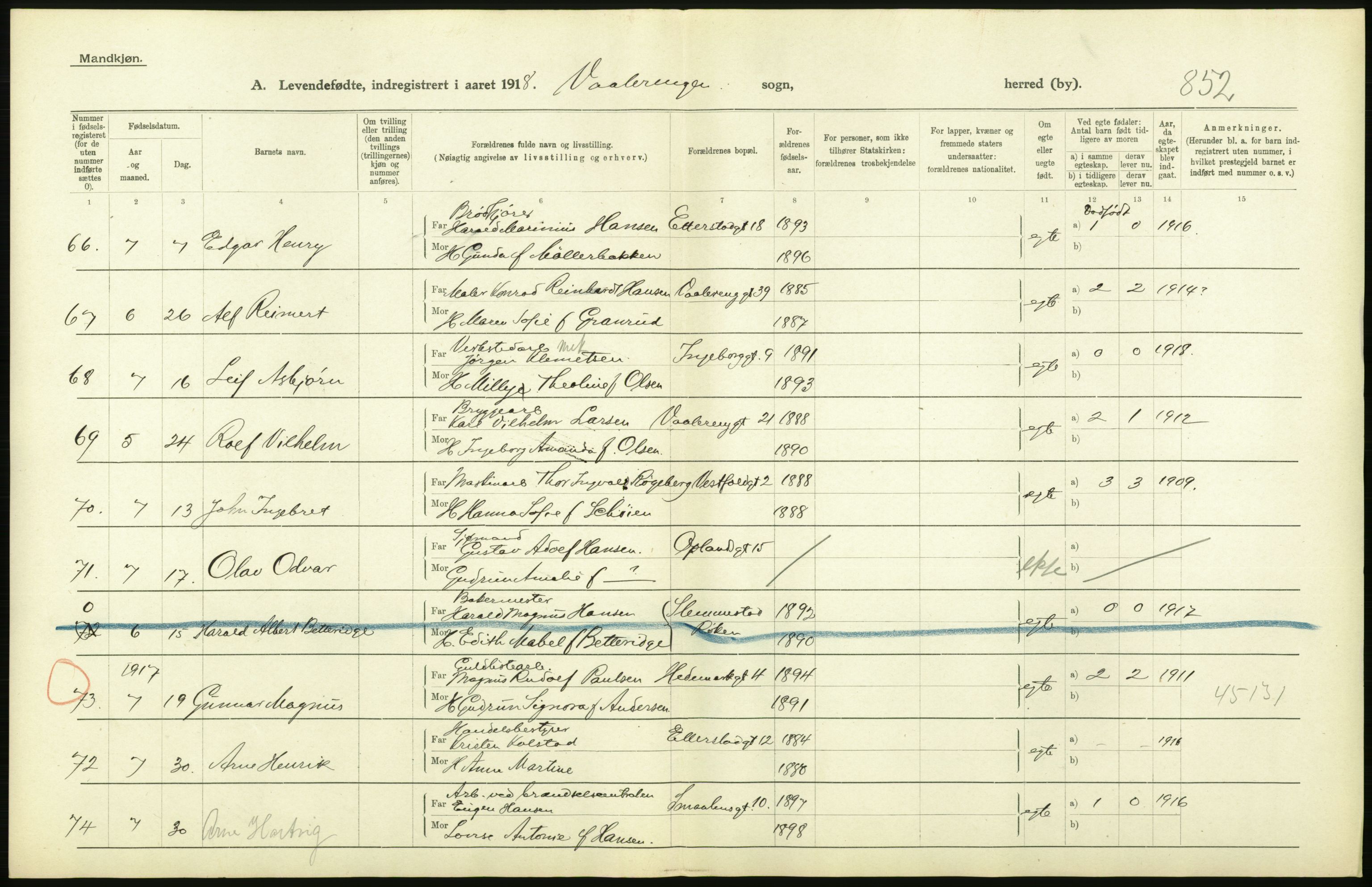 Statistisk sentralbyrå, Sosiodemografiske emner, Befolkning, AV/RA-S-2228/D/Df/Dfb/Dfbh/L0008: Kristiania: Levendefødte menn og kvinner., 1918, s. 378