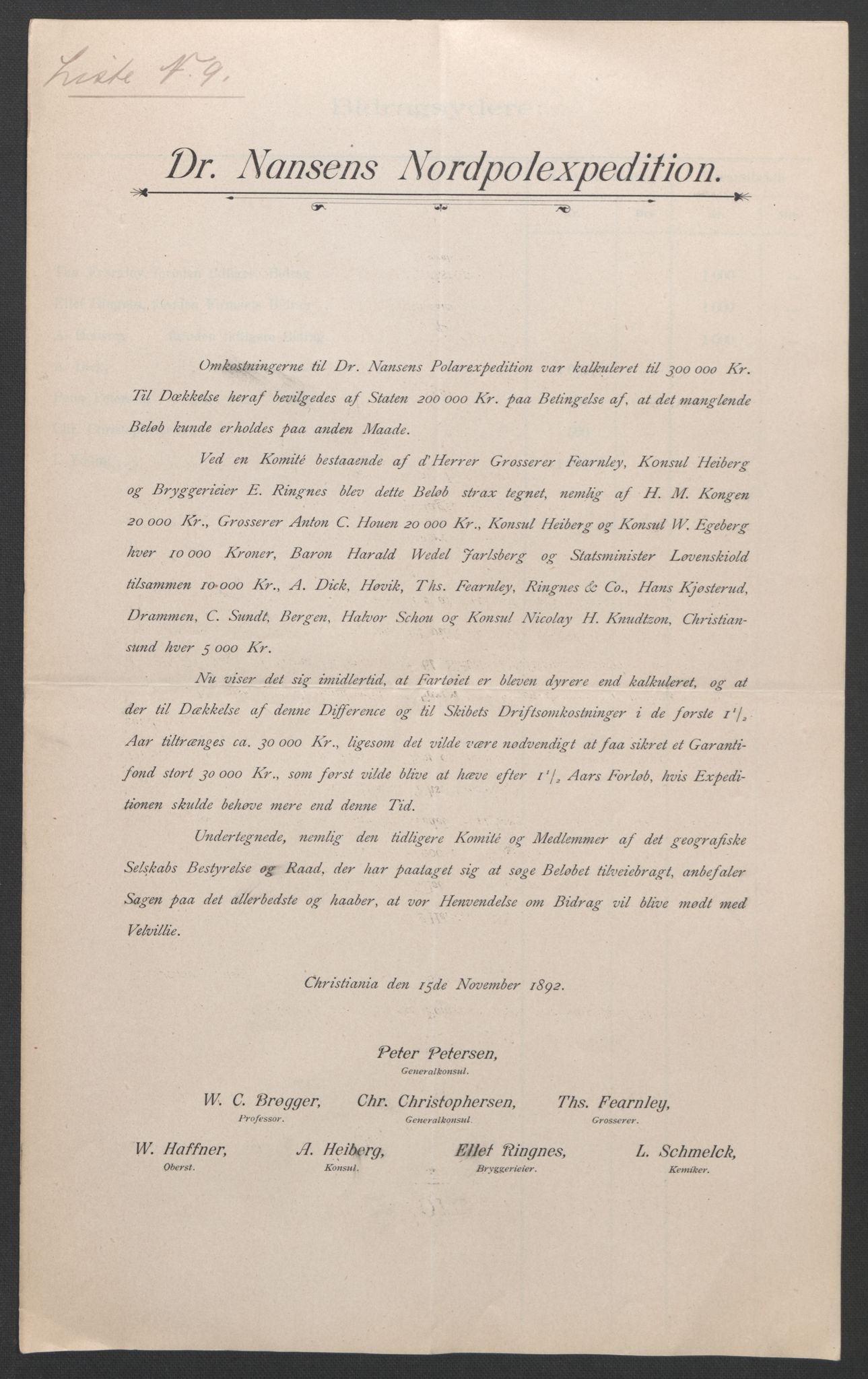 Arbeidskomitéen for Fridtjof Nansens polarekspedisjon, AV/RA-PA-0061/D/L0001/0003: Pengeinnsamlingen / Bidragslister med følgebrev, 1892-1893, s. 15