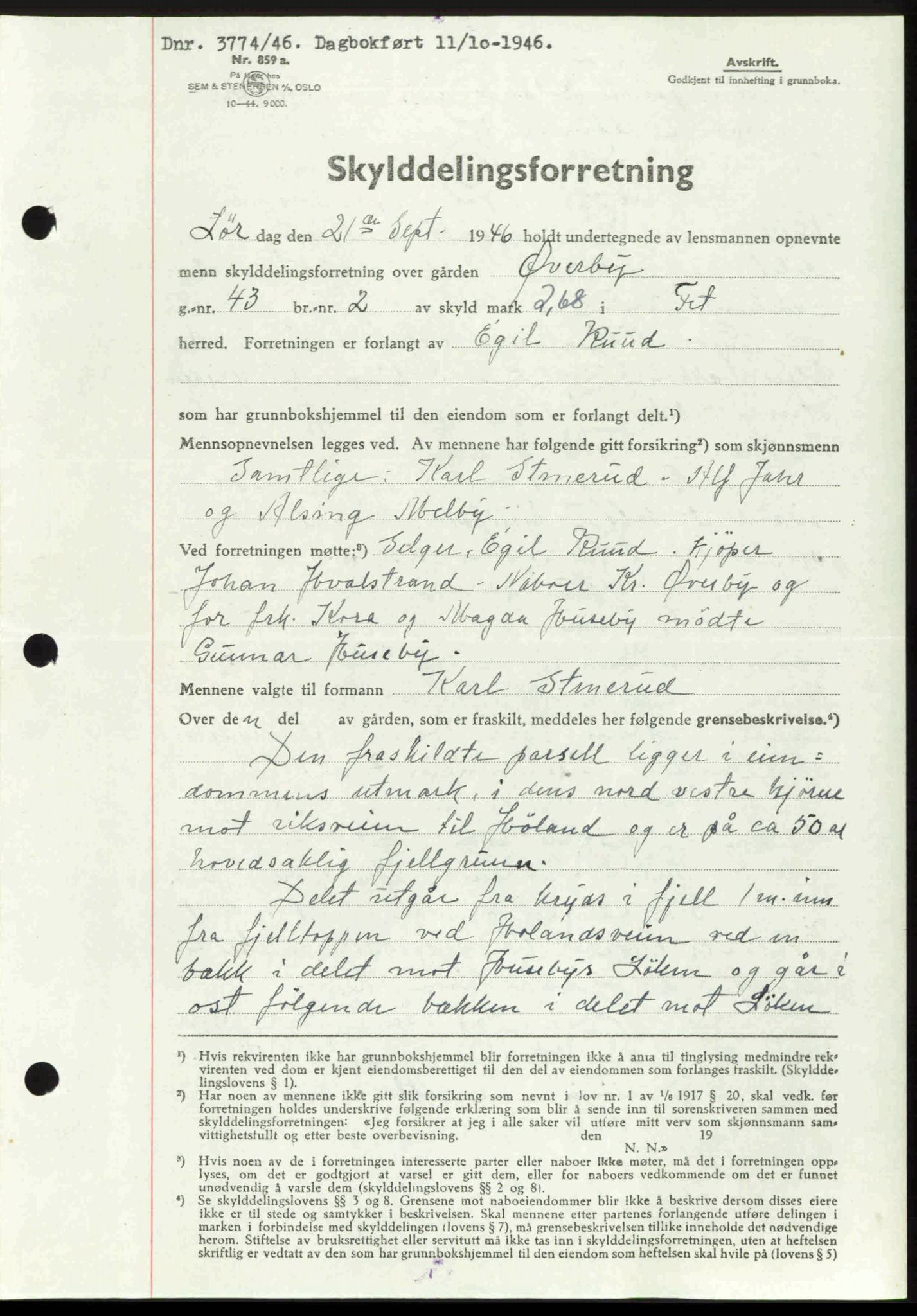 Nedre Romerike sorenskriveri, AV/SAO-A-10469/G/Gb/Gbd/L0017: Pantebok nr. 17, 1946-1946, Dagboknr: 3774/1946