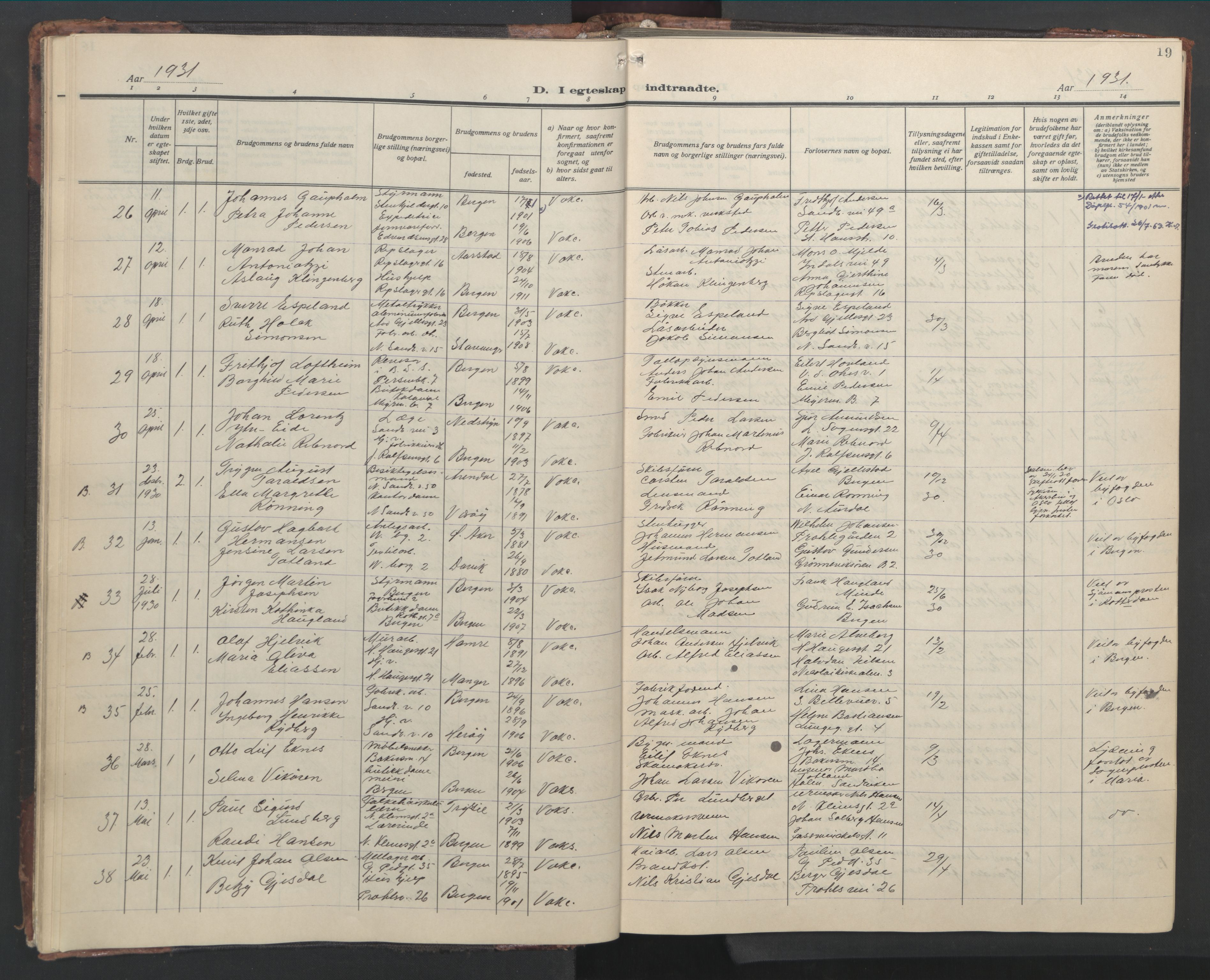 Sandviken Sokneprestembete, AV/SAB-A-77601/H/Hb/L0015: Klokkerbok nr. D 2, 1929-1953, s. 18b-19a