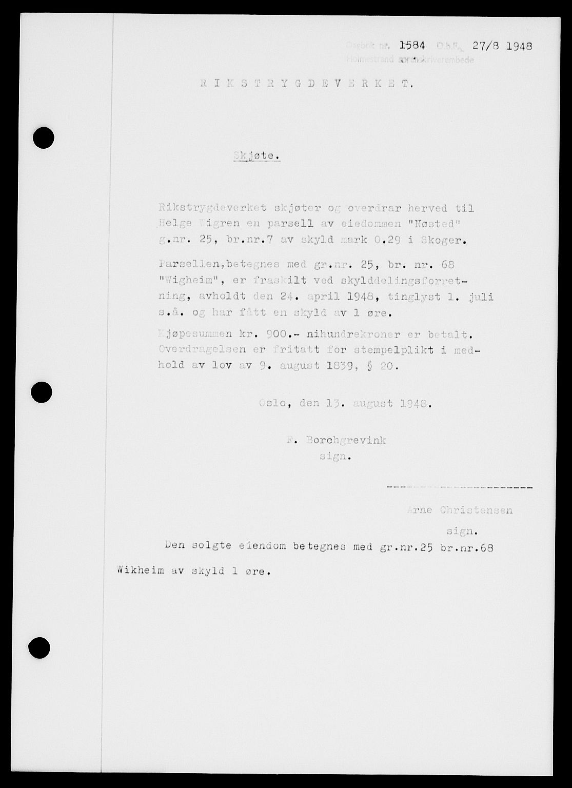 Holmestrand sorenskriveri, SAKO/A-67/G/Ga/Gaa/L0064: Pantebok nr. A-64, 1948-1948, Dagboknr: 1584/1948