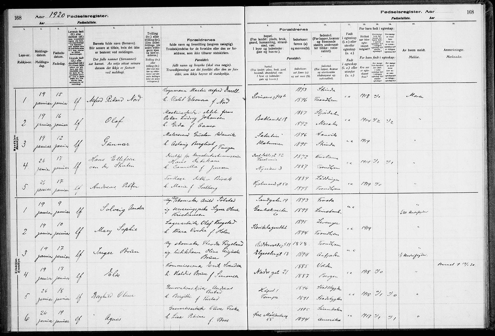 Ministerialprotokoller, klokkerbøker og fødselsregistre - Sør-Trøndelag, SAT/A-1456/600/L0002: Fødselsregister nr. 600.II.4.1, 1916-1920, s. 168