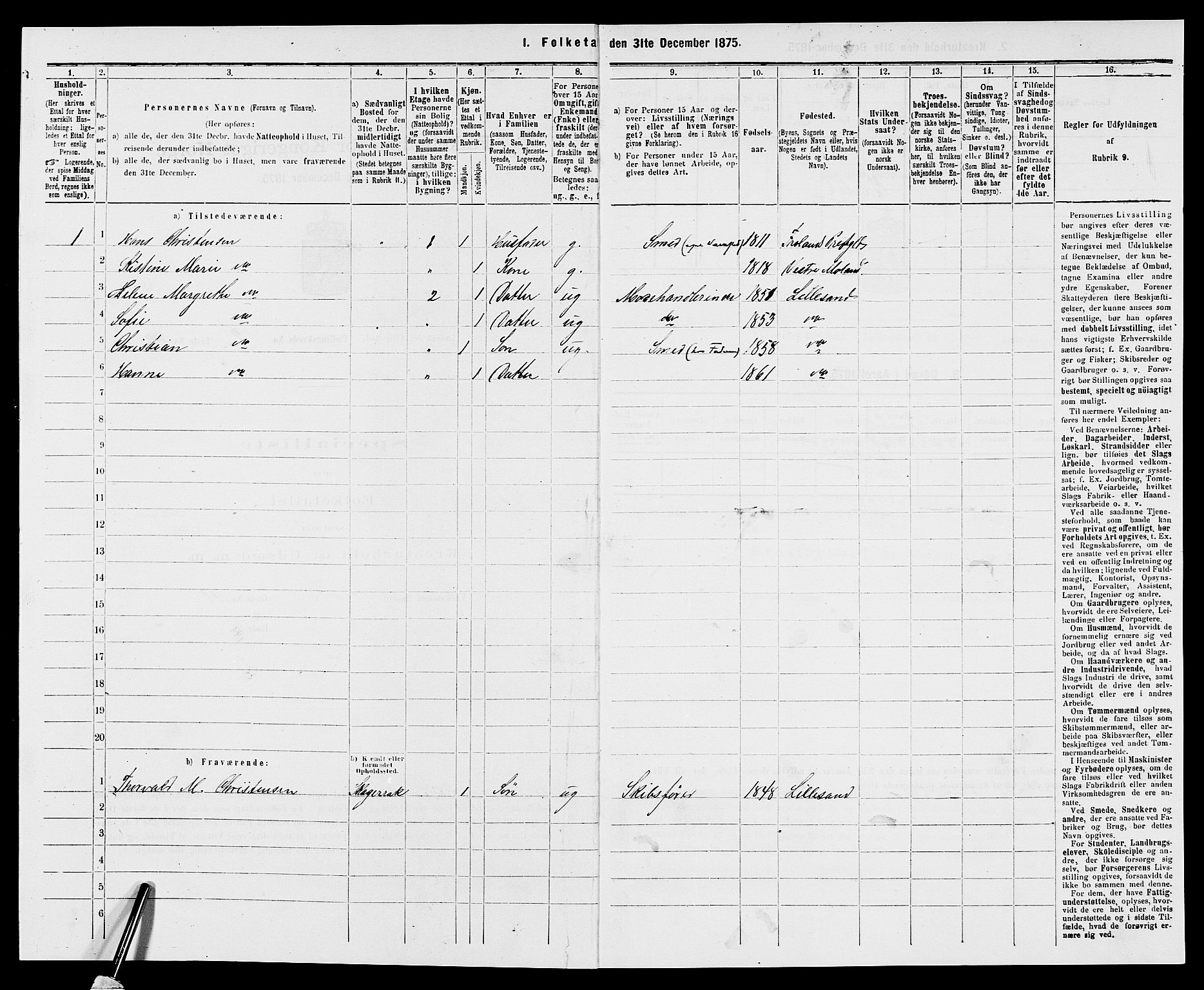 SAK, Folketelling 1875 for 0905B Vestre Moland prestegjeld, Lillesand ladested, 1875, s. 107