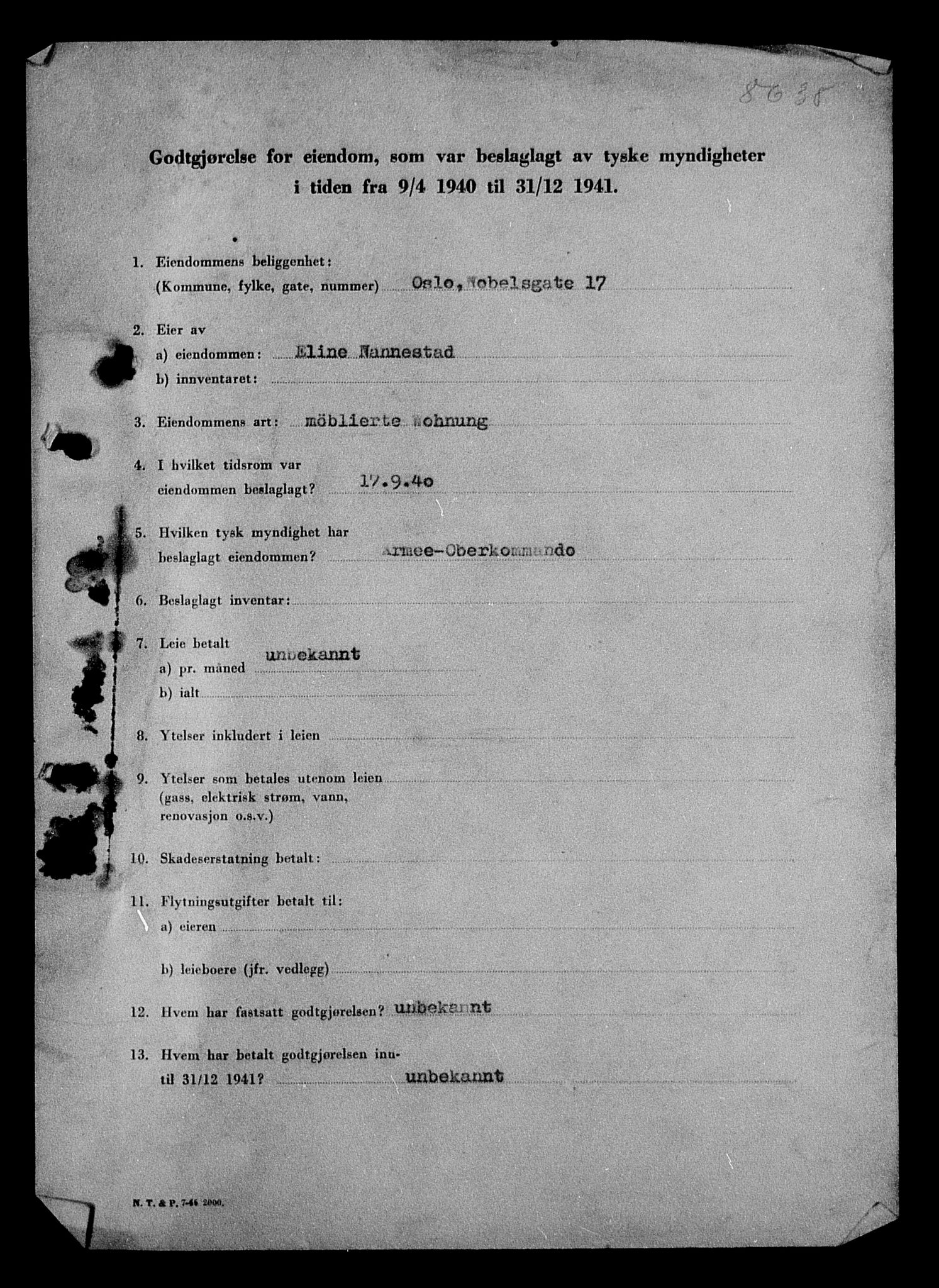 Justisdepartementet, Tilbakeføringskontoret for inndratte formuer, RA/S-1564/I/L1011: Godtgjørelse for beslaglagt eiendom, 1940-1941, s. 286