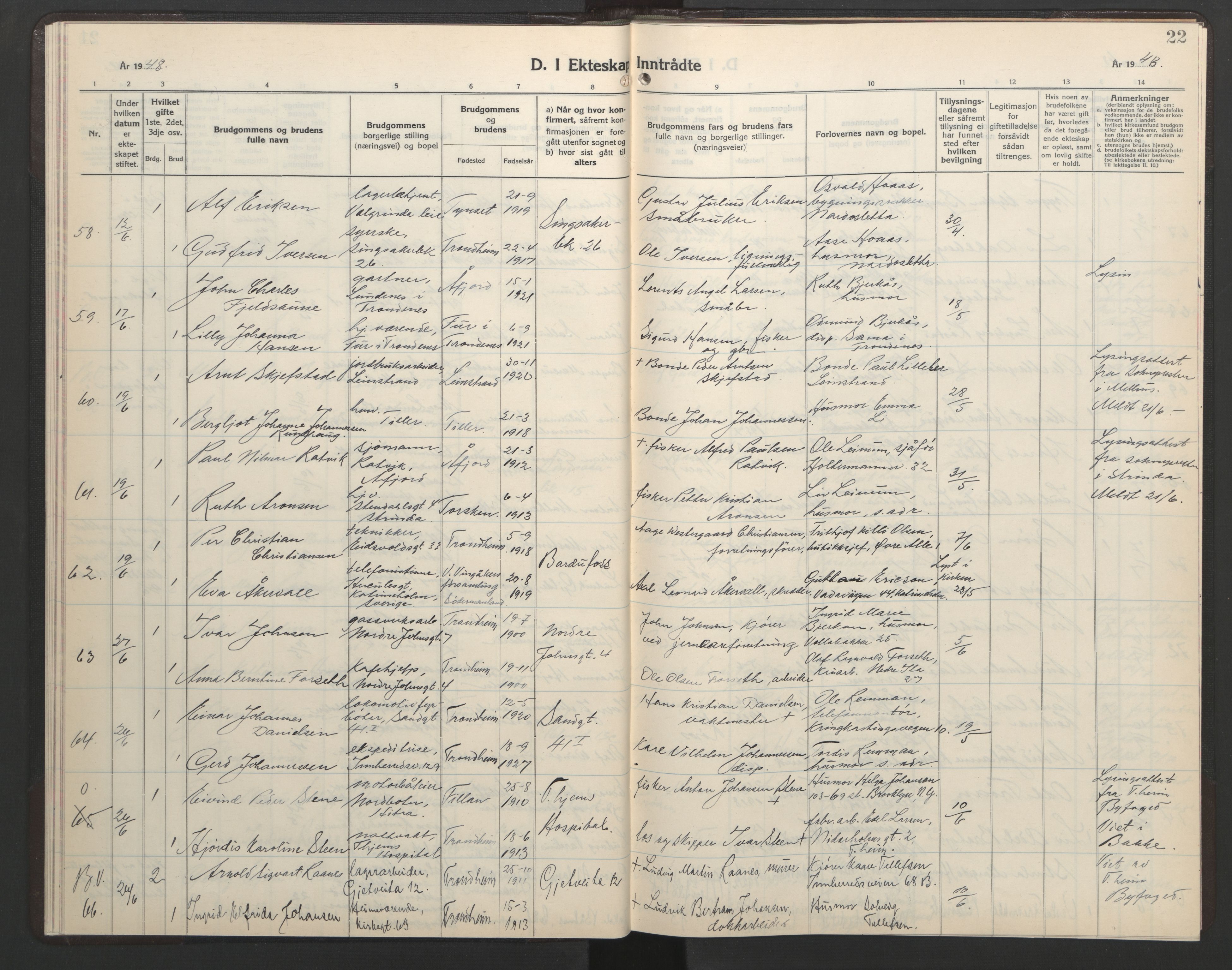 Ministerialprotokoller, klokkerbøker og fødselsregistre - Sør-Trøndelag, AV/SAT-A-1456/602/L0155: Klokkerbok nr. 602C23, 1947-1950, s. 22