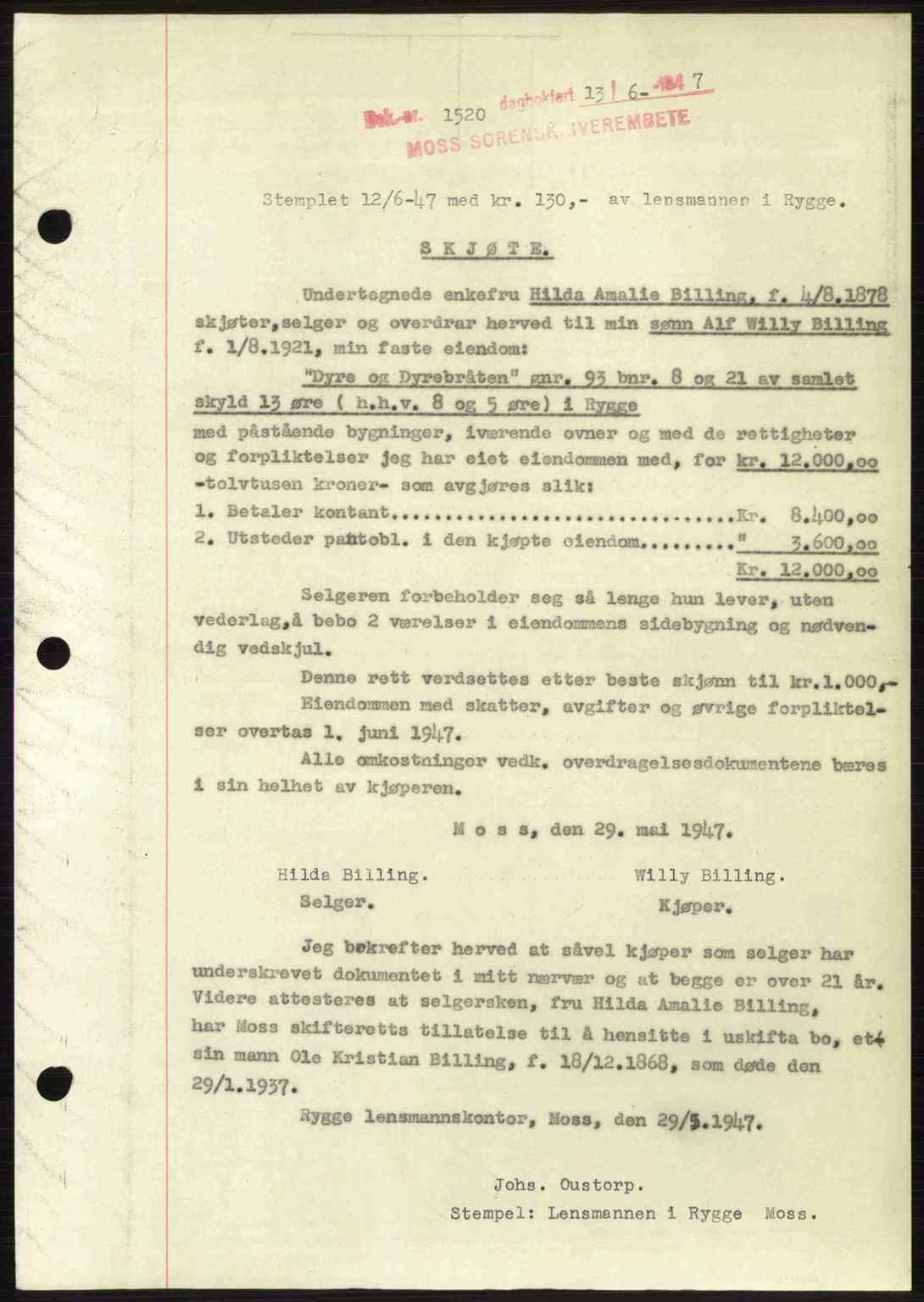 Moss sorenskriveri, SAO/A-10168: Pantebok nr. A17, 1947-1947, Dagboknr: 1520/1947