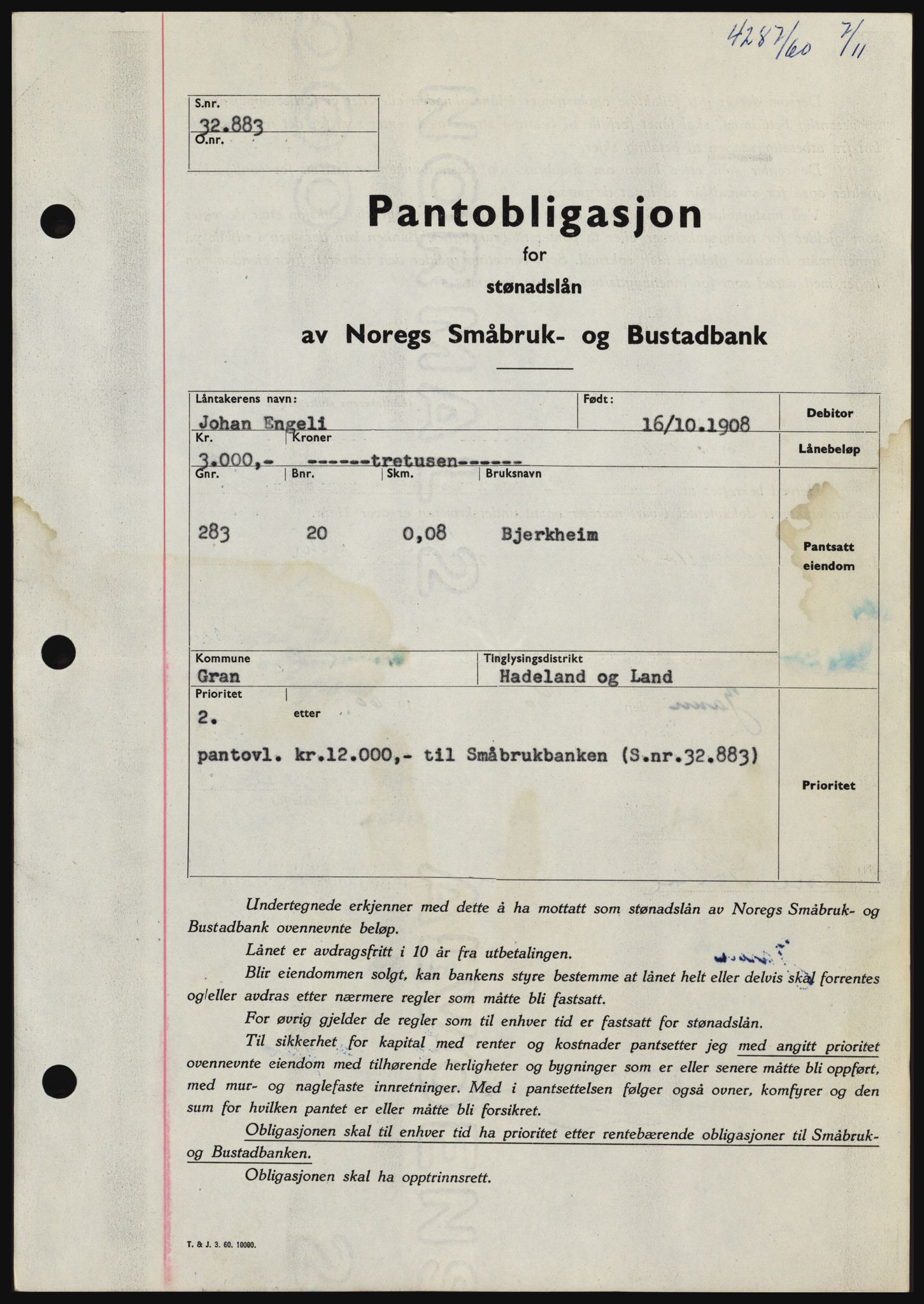 Hadeland og Land tingrett, SAH/TING-010/H/Hb/Hbc/L0044: Pantebok nr. B44, 1960-1961, Dagboknr: 4287/1960
