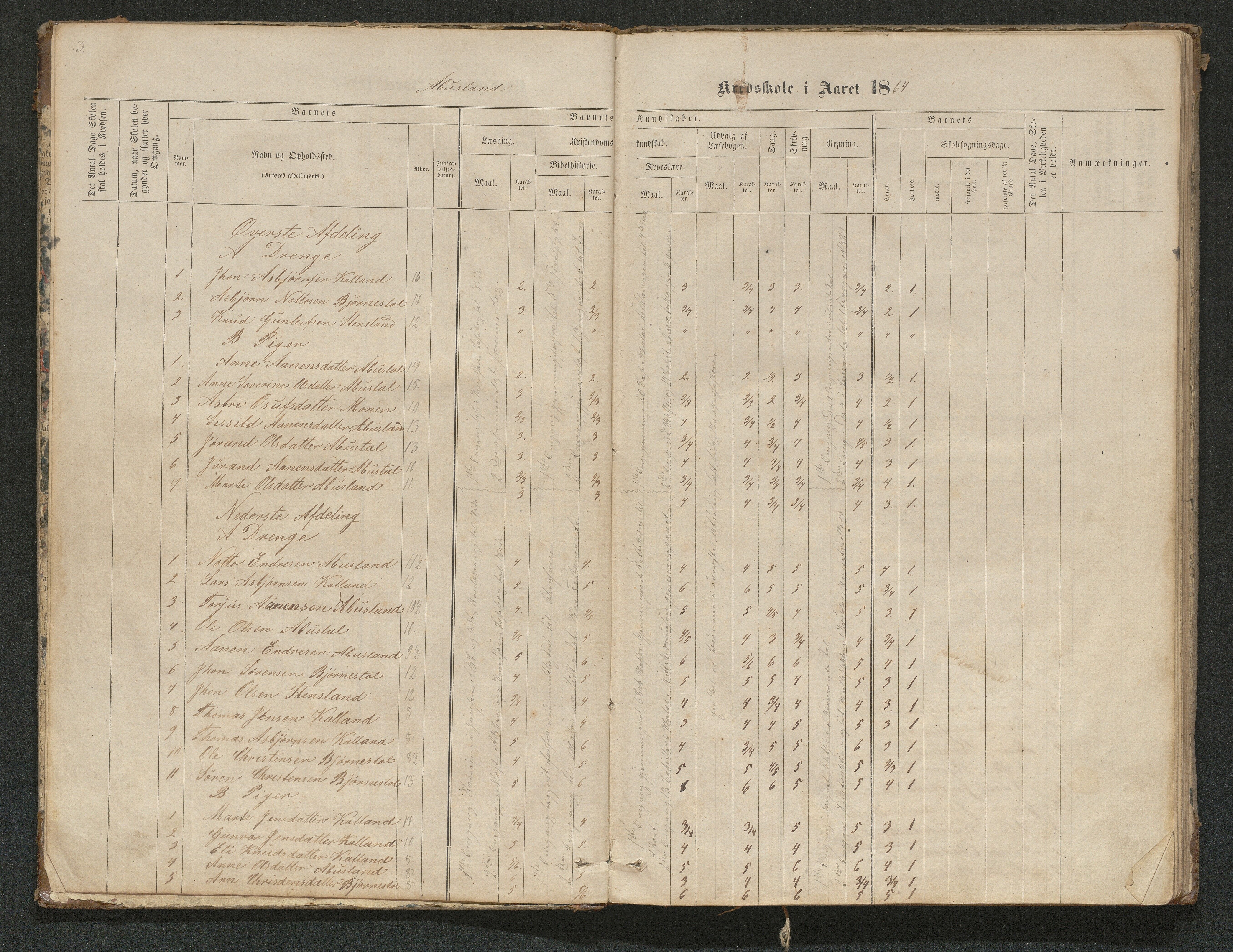 Hornnes kommune, Tønnesvold, Abusland skolekretser, AAKS/KA0936-550g/F1/L0001: Skoleprotokoll Abusland, Tønnesvold, 1864-1896, s. 3
