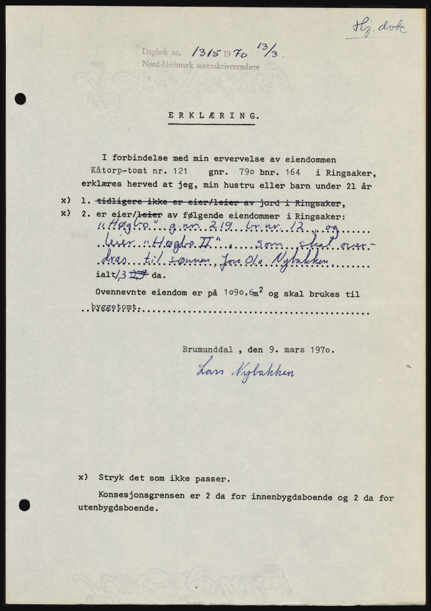 Nord-Hedmark sorenskriveri, SAH/TING-012/H/Hc/L0033: Pantebok nr. 33, 1970-1970, Dagboknr: 1315/1970