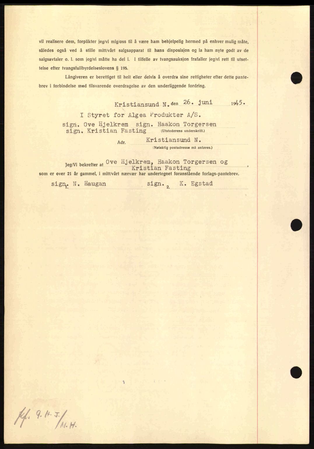 Nordmøre sorenskriveri, AV/SAT-A-4132/1/2/2Ca: Pantebok nr. B92, 1944-1945, Dagboknr: 884/1945