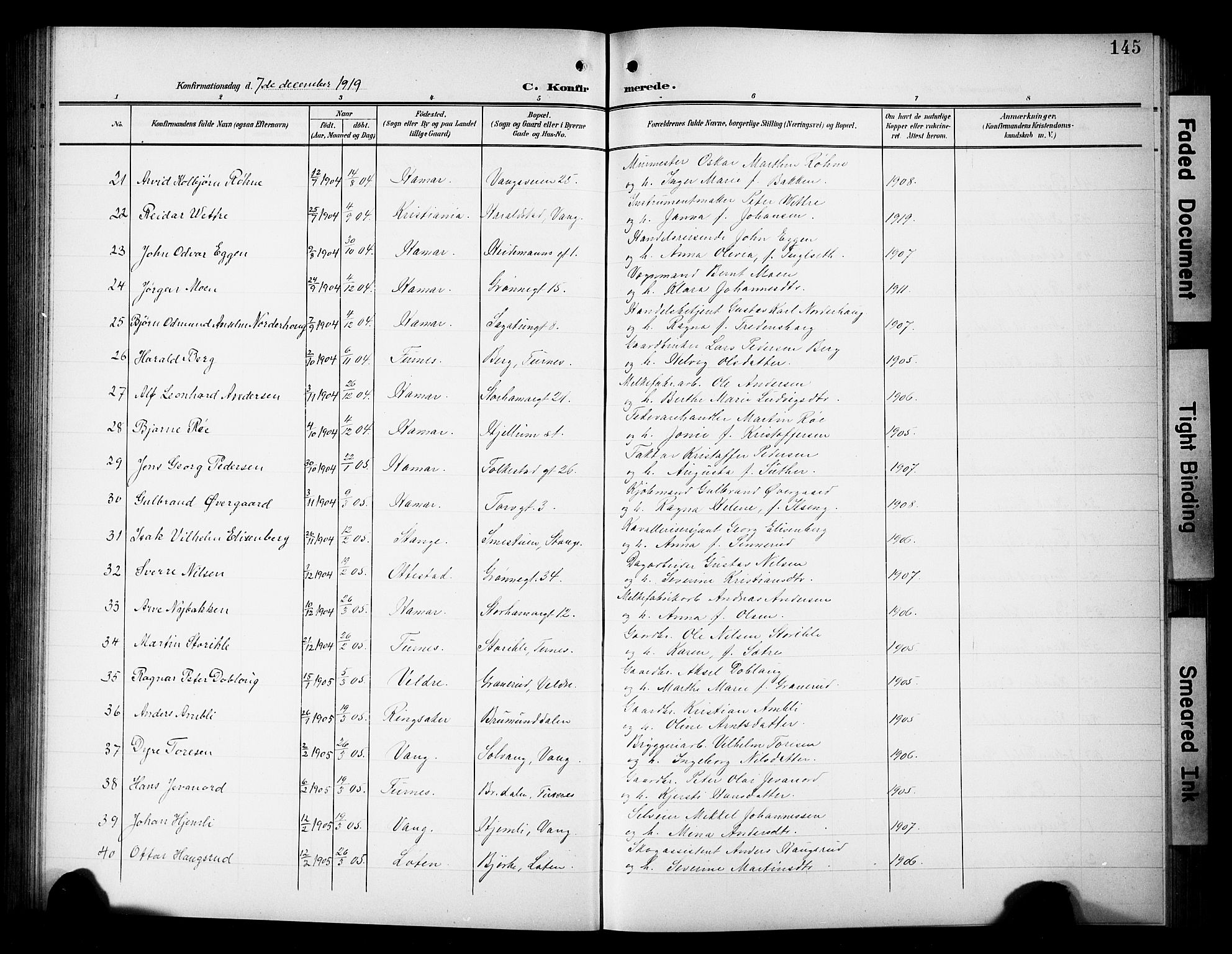 Hamar prestekontor, AV/SAH-DOMPH-002/H/Ha/Hab/L0002: Klokkerbok nr. 2, 1899-1929, s. 145
