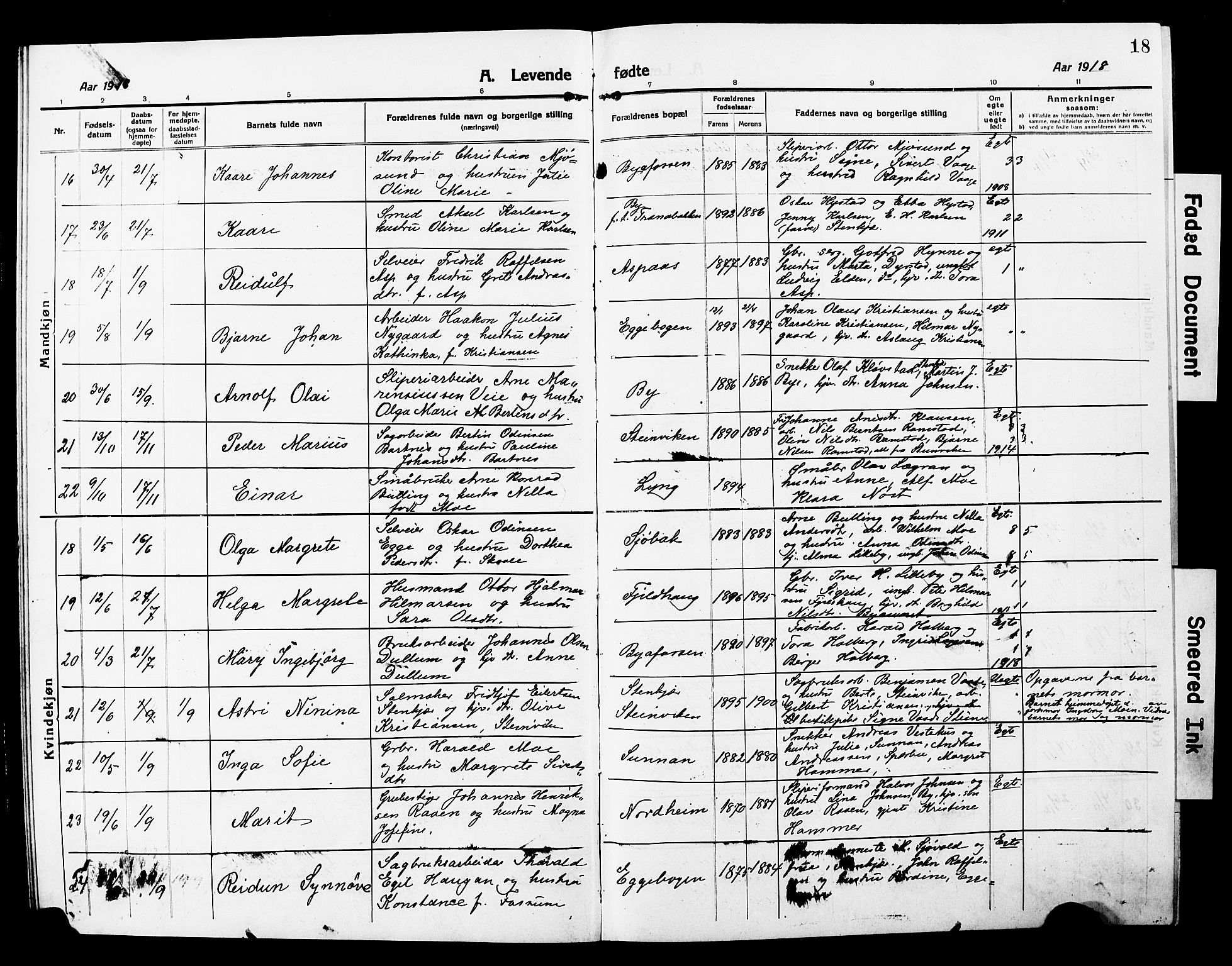 Ministerialprotokoller, klokkerbøker og fødselsregistre - Nord-Trøndelag, AV/SAT-A-1458/740/L0382: Klokkerbok nr. 740C03, 1915-1927, s. 18