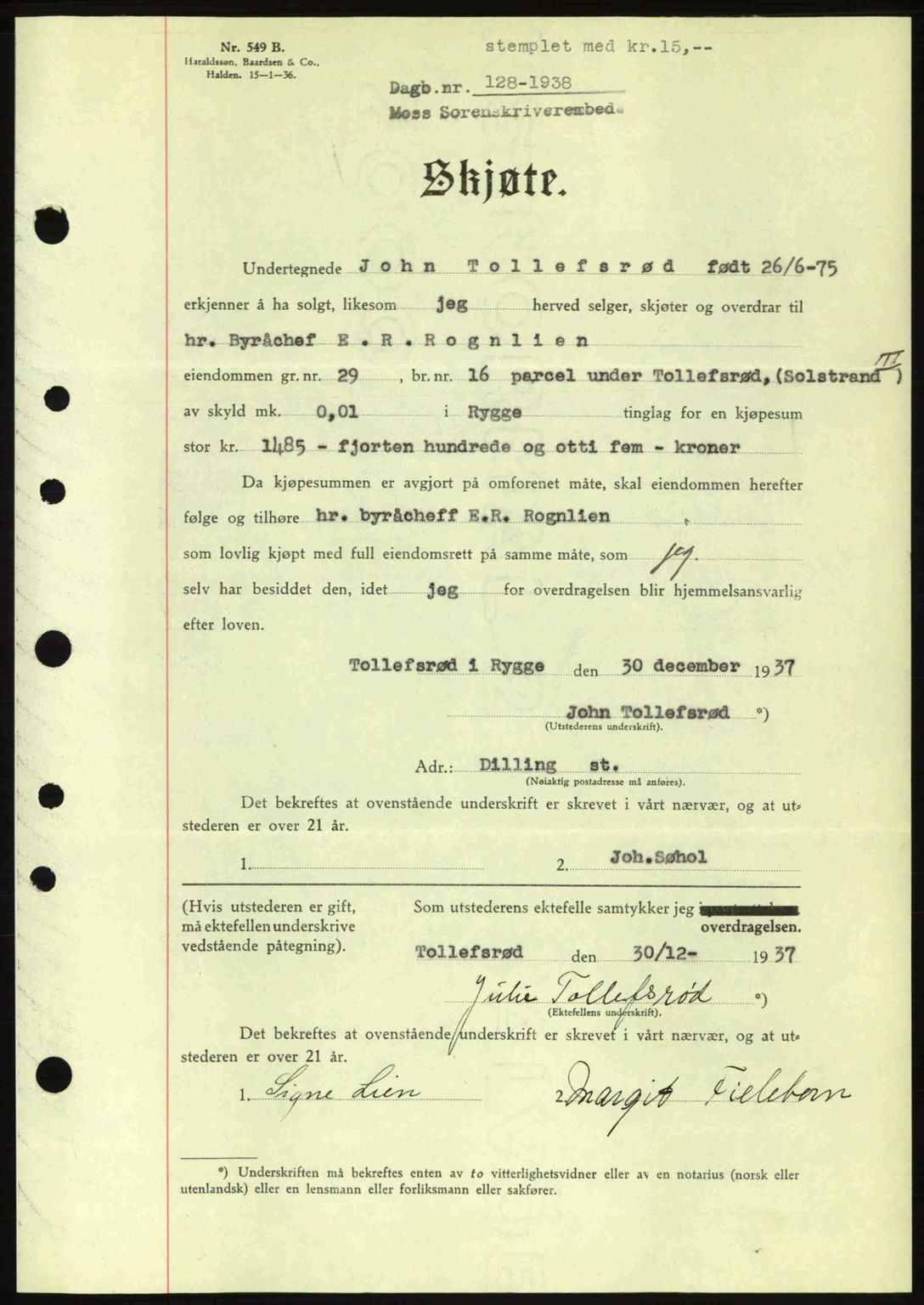 Moss sorenskriveri, SAO/A-10168: Pantebok nr. A3, 1937-1938, Dagboknr: 128/1938