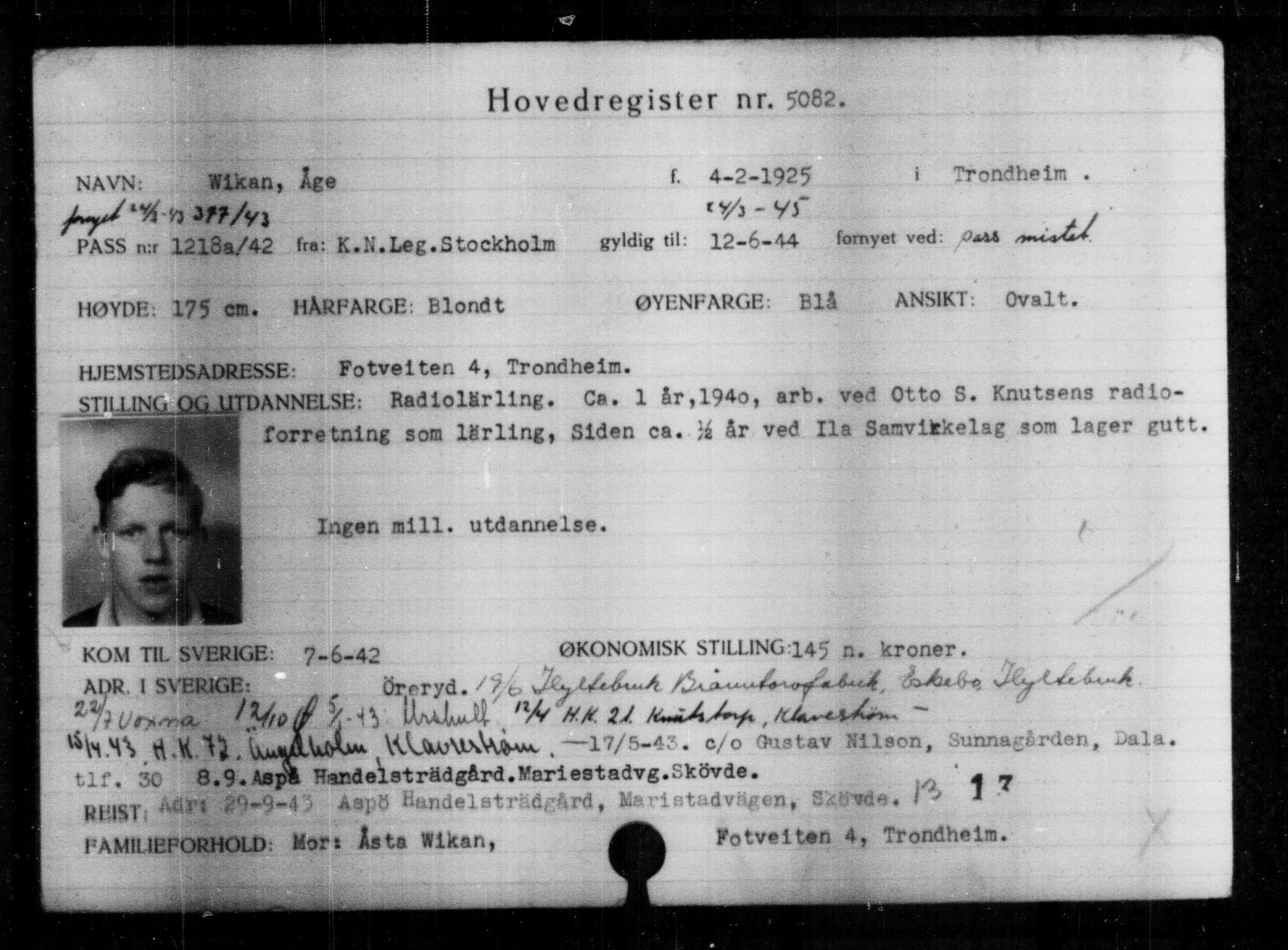 Utenriksstasjonene, Legasjonen i Stockholm, Flyktningkontoret, AV/RA-S-6753/V/Va/L0004: Kjesäterkartoteket, flyktninger med registreringsnr. 3496-6610, 1940-1945, s. 1875