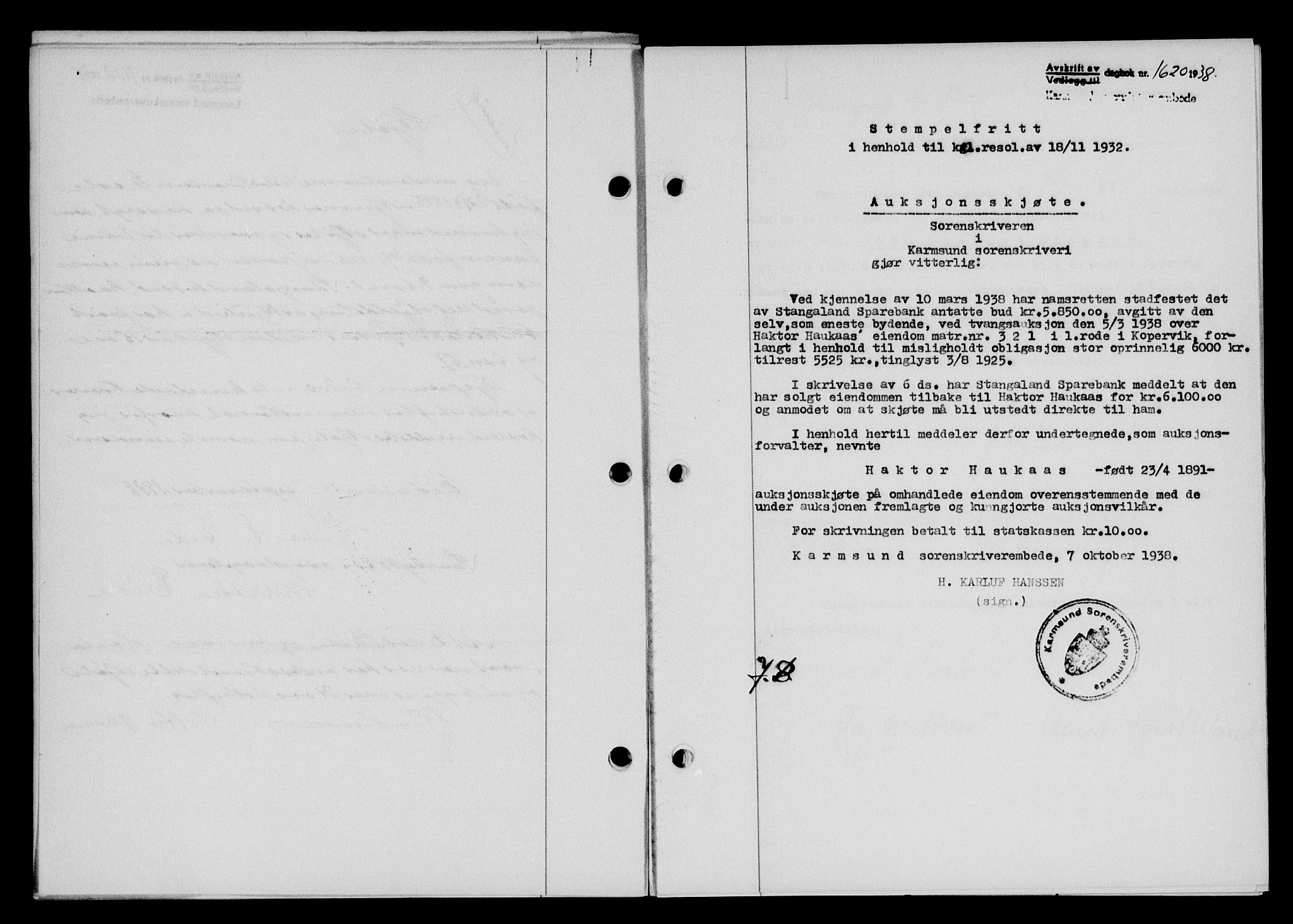 Karmsund sorenskriveri, SAST/A-100311/01/II/IIB/L0070: Pantebok nr. 51A, 1938-1939, Dagboknr: 1620/1938