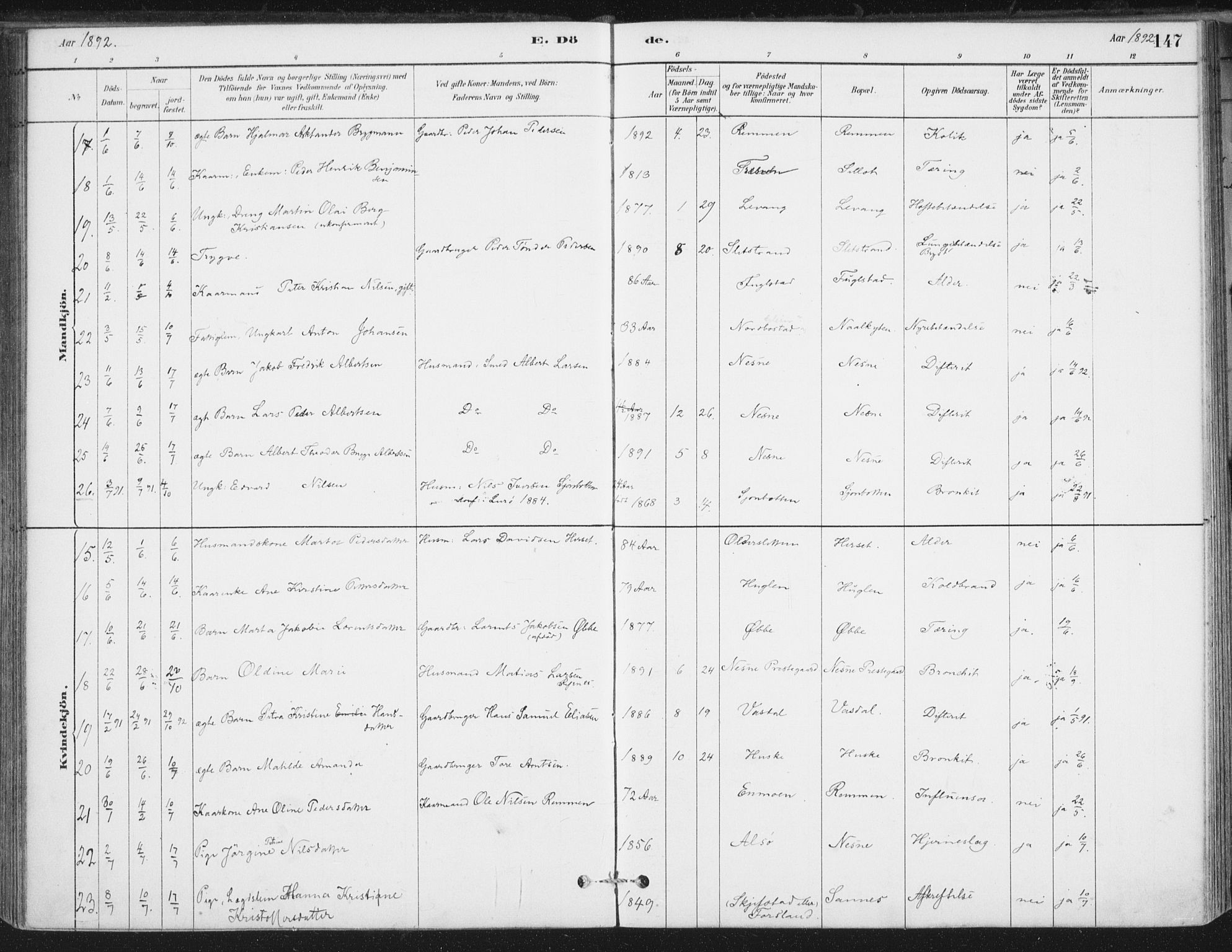 Ministerialprotokoller, klokkerbøker og fødselsregistre - Nordland, AV/SAT-A-1459/838/L0553: Ministerialbok nr. 838A11, 1880-1910, s. 147