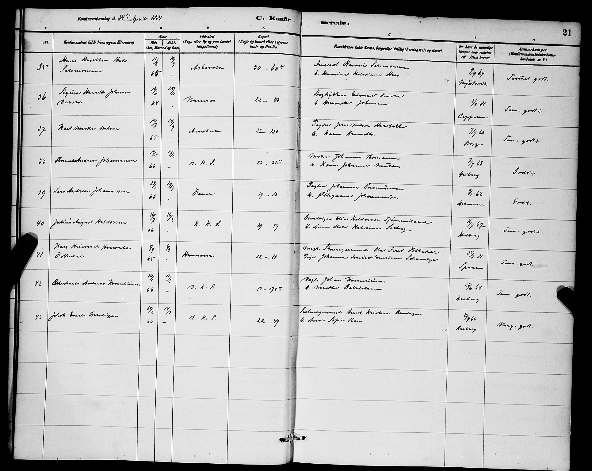 Korskirken sokneprestembete, AV/SAB-A-76101/H/Hab: Klokkerbok nr. C 3, 1880-1892, s. 21