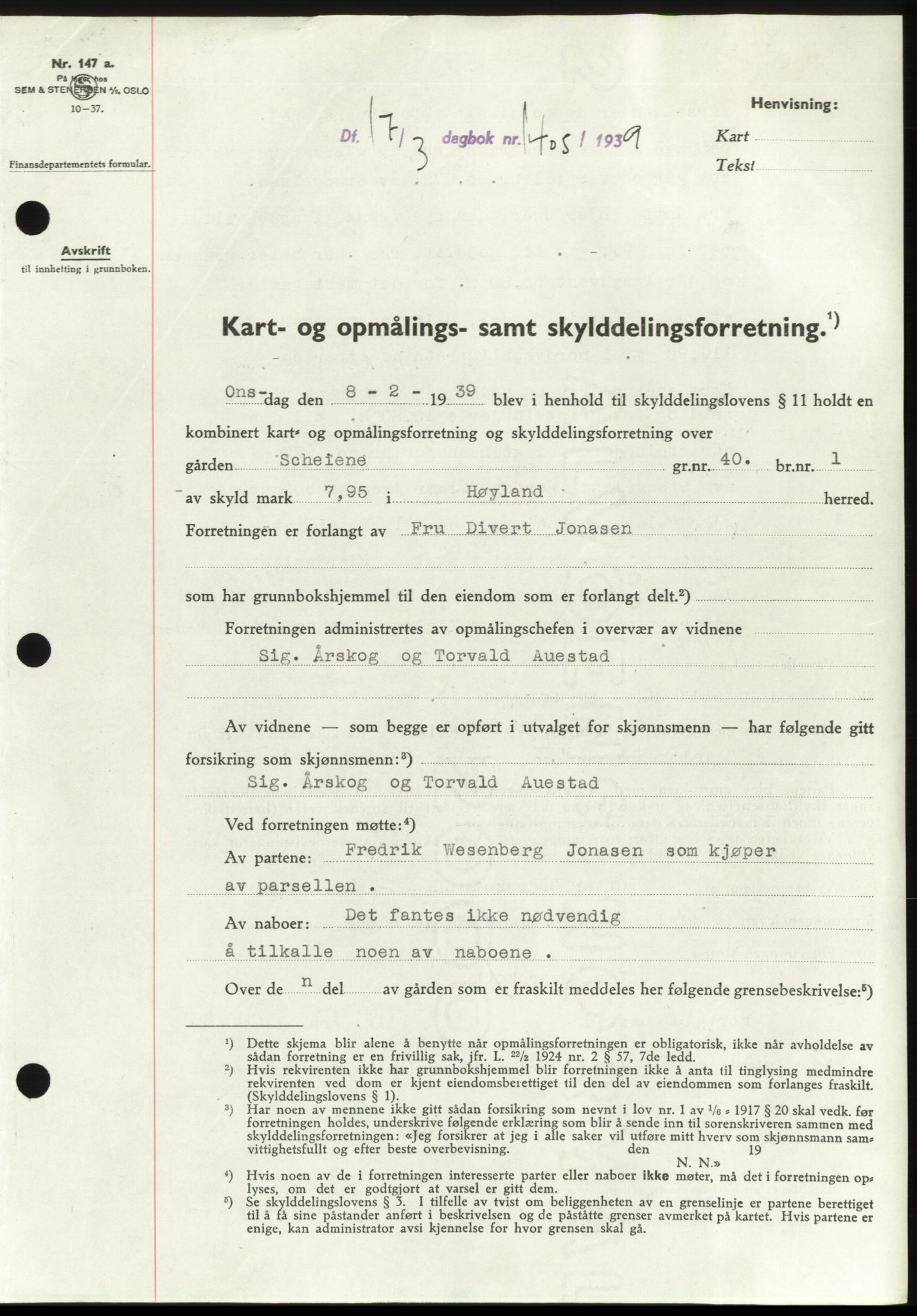 Jæren sorenskriveri, SAST/A-100310/03/G/Gba/L0073: Pantebok, 1939-1939, Dagboknr: 1405/1939