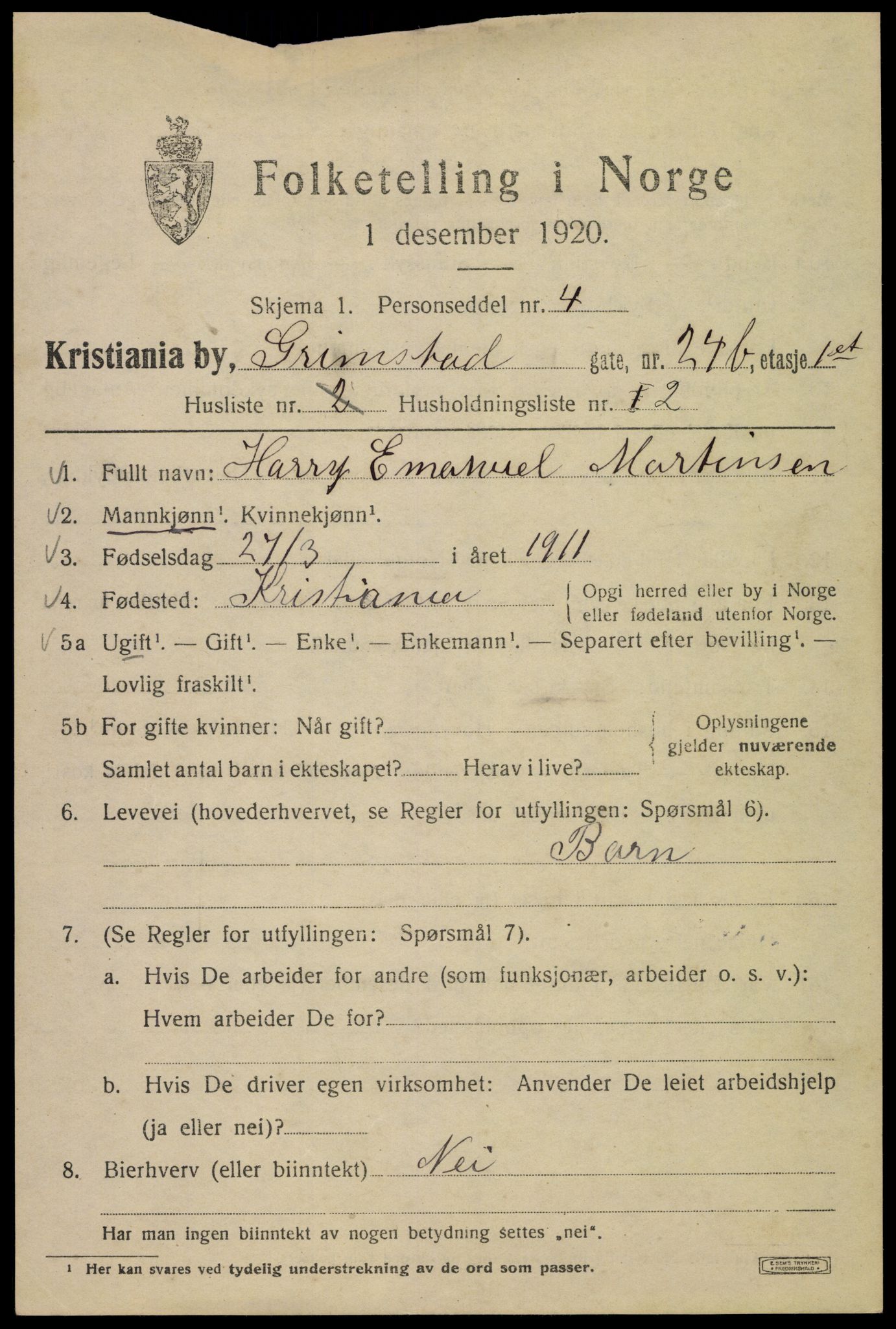 SAO, Folketelling 1920 for 0301 Kristiania kjøpstad, 1920, s. 252047