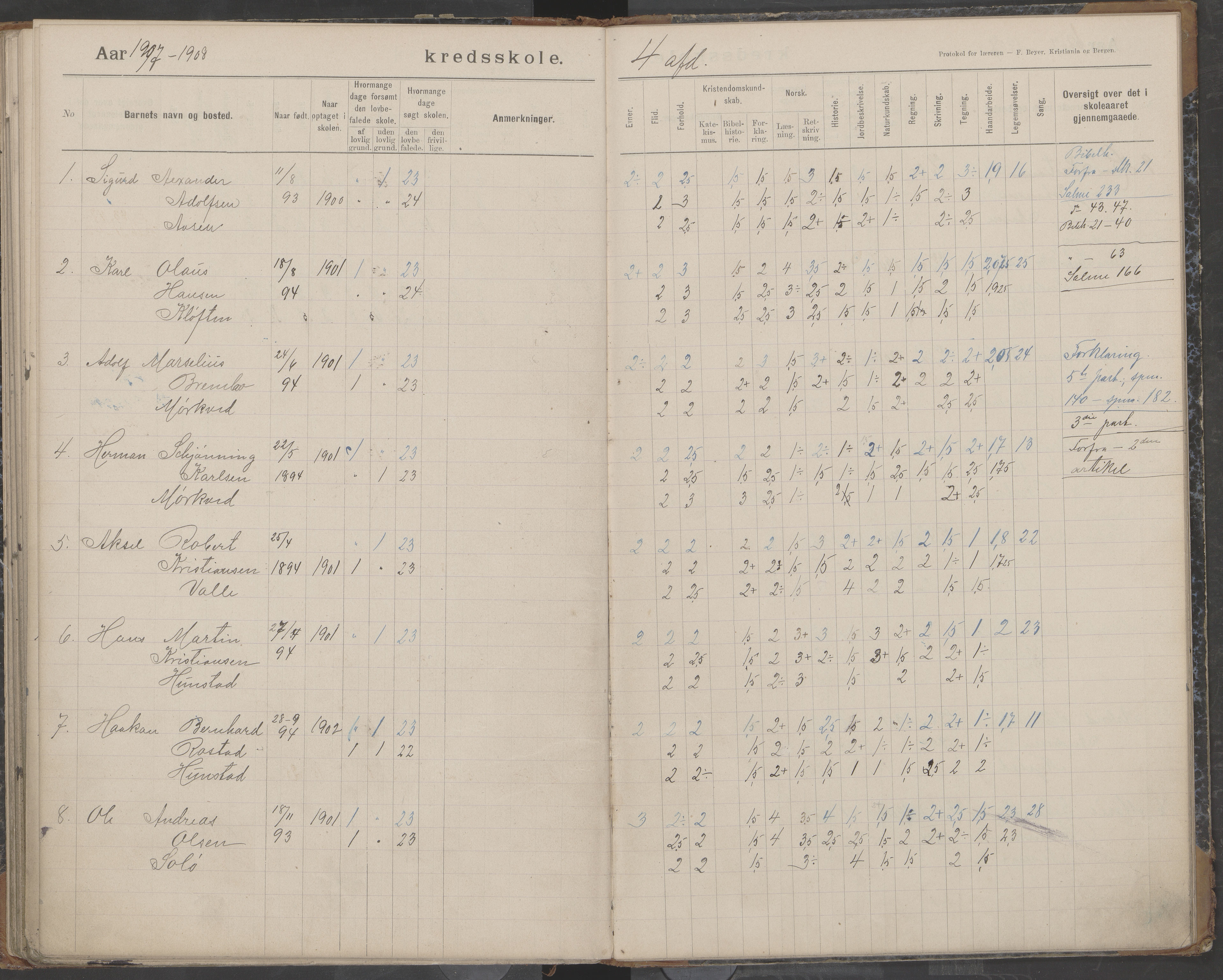 Bodin kommune. Støver skolekrets, AIN/K-18431.510.07/F/Fa/L0003: Skoleprotokoll, 1900-1909