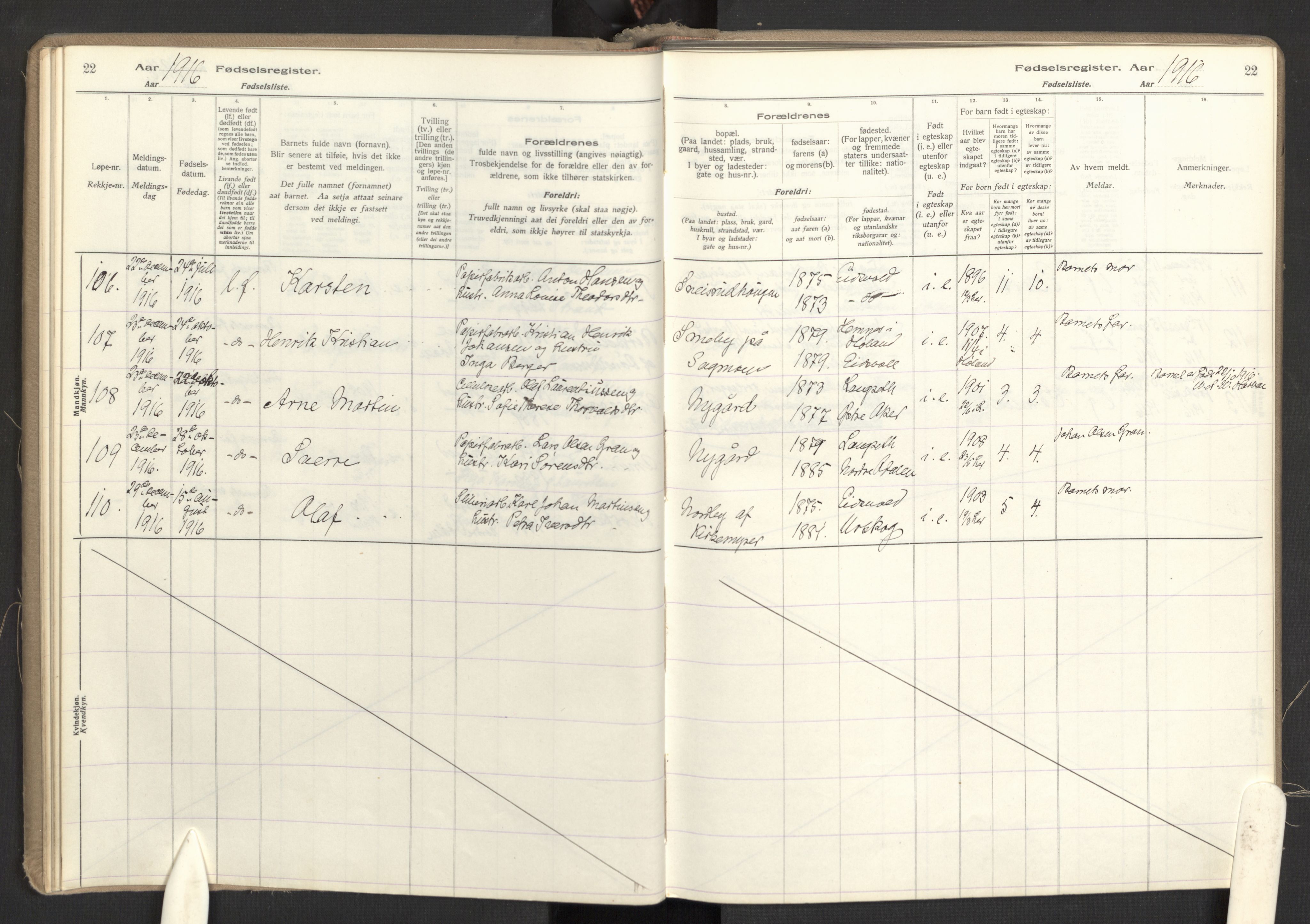 Eidsvoll prestekontor Kirkebøker, AV/SAO-A-10888/J/Ja/L0001: Fødselsregister nr. I 1, 1916-1924, s. 22