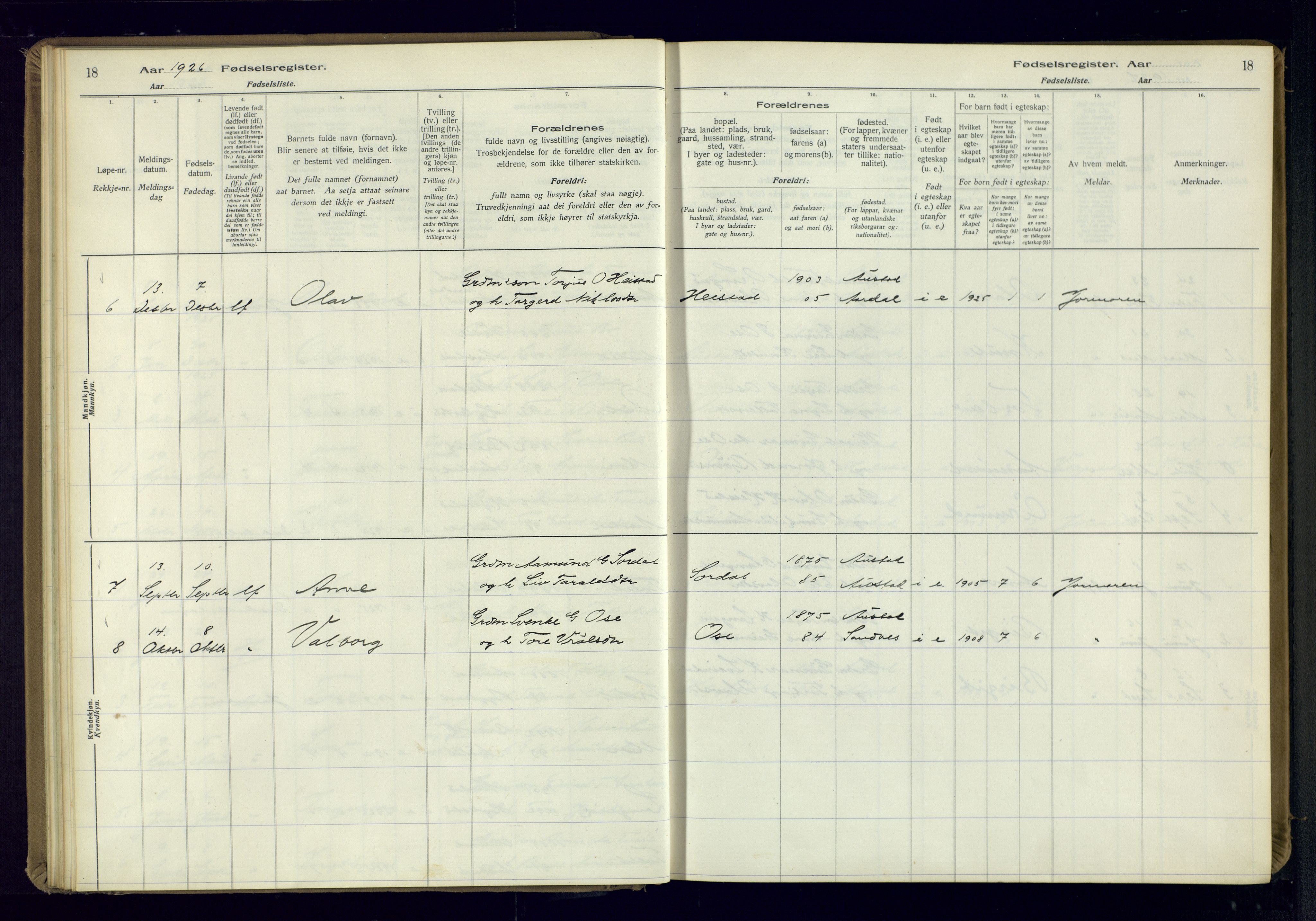 Bygland sokneprestkontor, AV/SAK-1111-0006/J/Ja/L0002: Fødselsregister nr. II.4.3, 1916-1982, s. 18