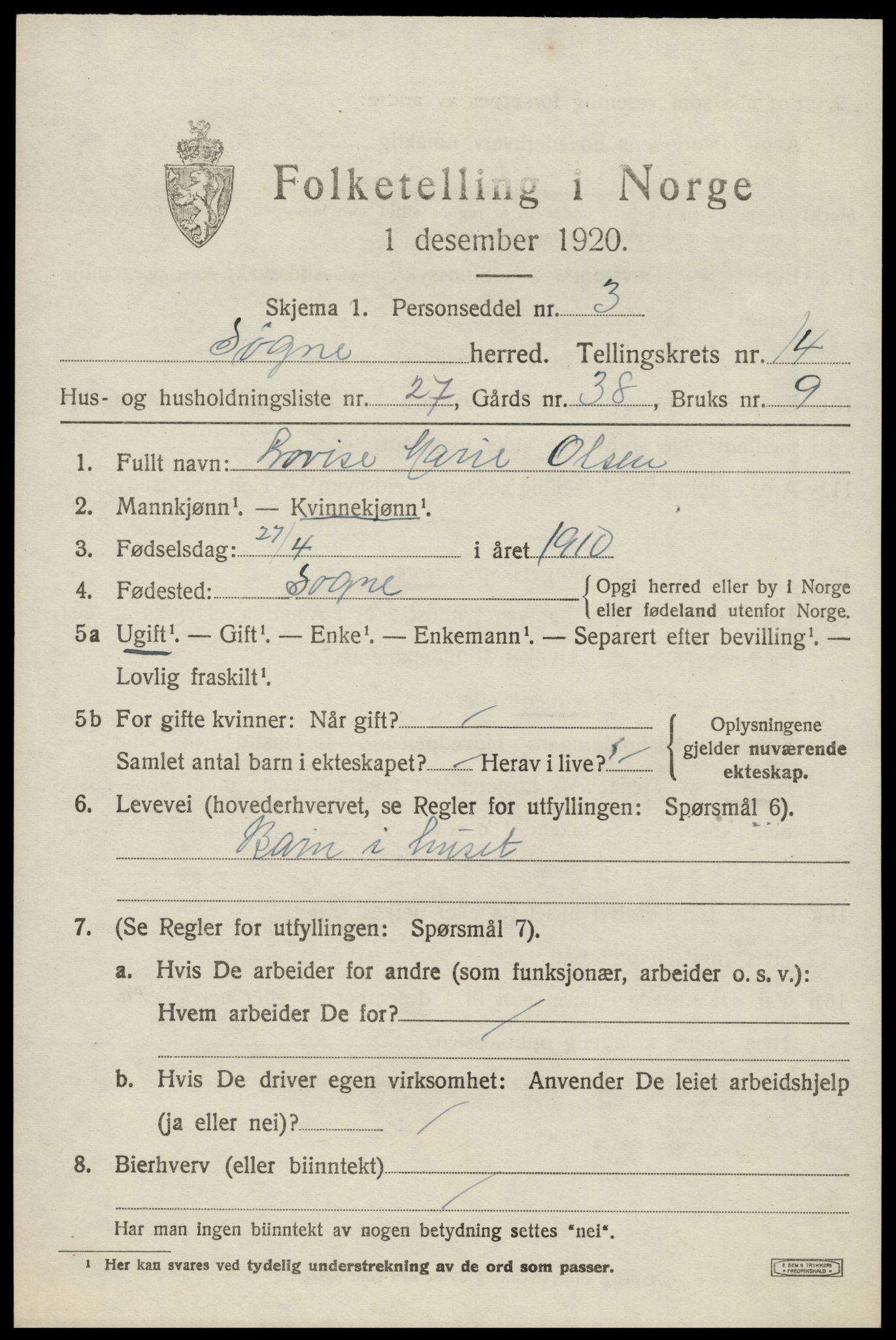 SAK, Folketelling 1920 for 1018 Søgne herred, 1920, s. 6963