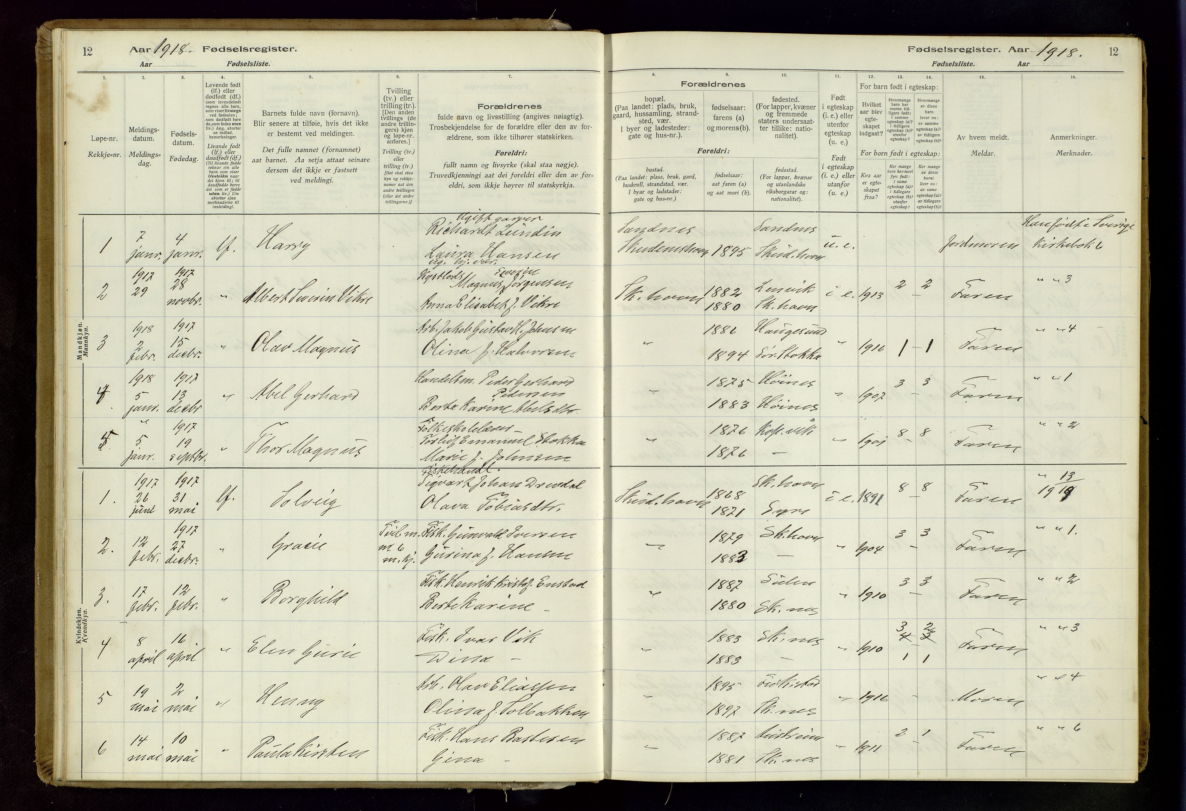 Skudenes sokneprestkontor, AV/SAST-A -101849/I/Id/L0003: Fødselsregister nr. 3, 1916-1964, s. 12