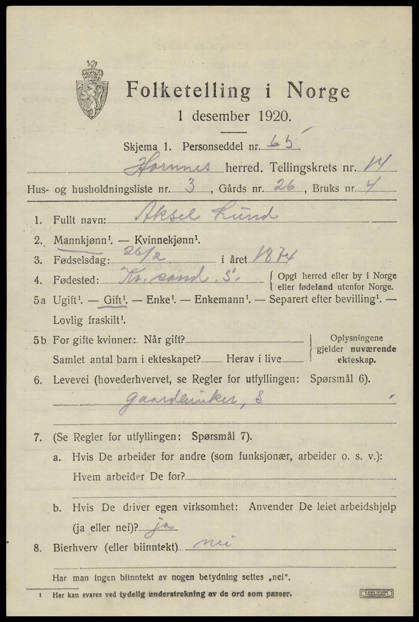 SAK, Folketelling 1920 for 0936 Hornnes herred, 1920, s. 3275