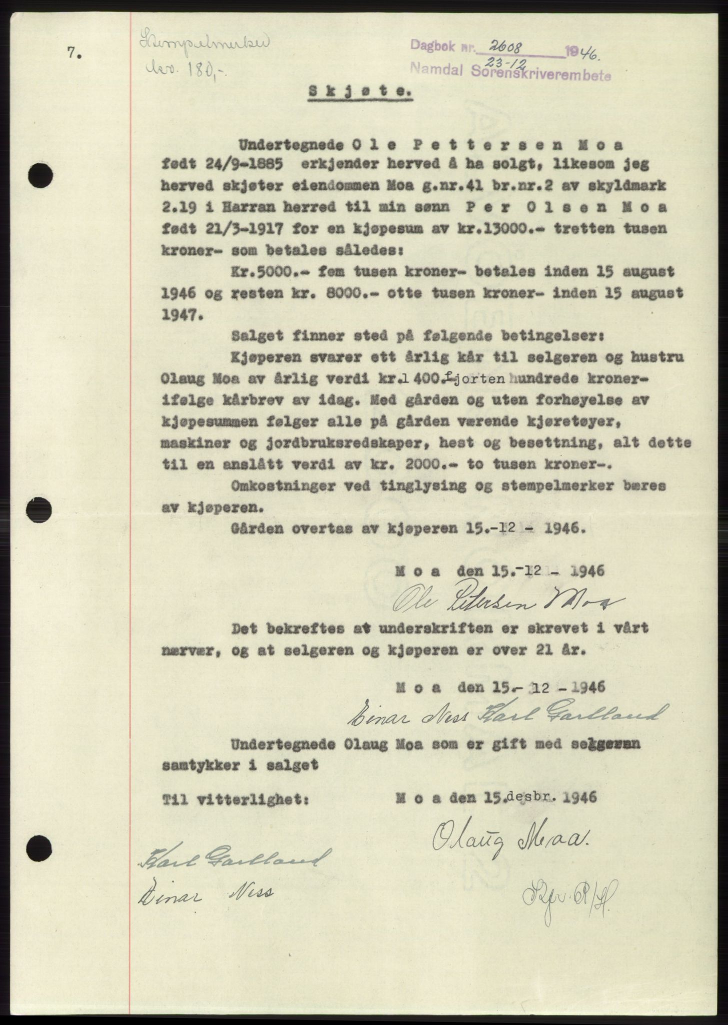 Namdal sorenskriveri, SAT/A-4133/1/2/2C: Pantebok nr. -, 1946-1947, Dagboknr: 2608/1946