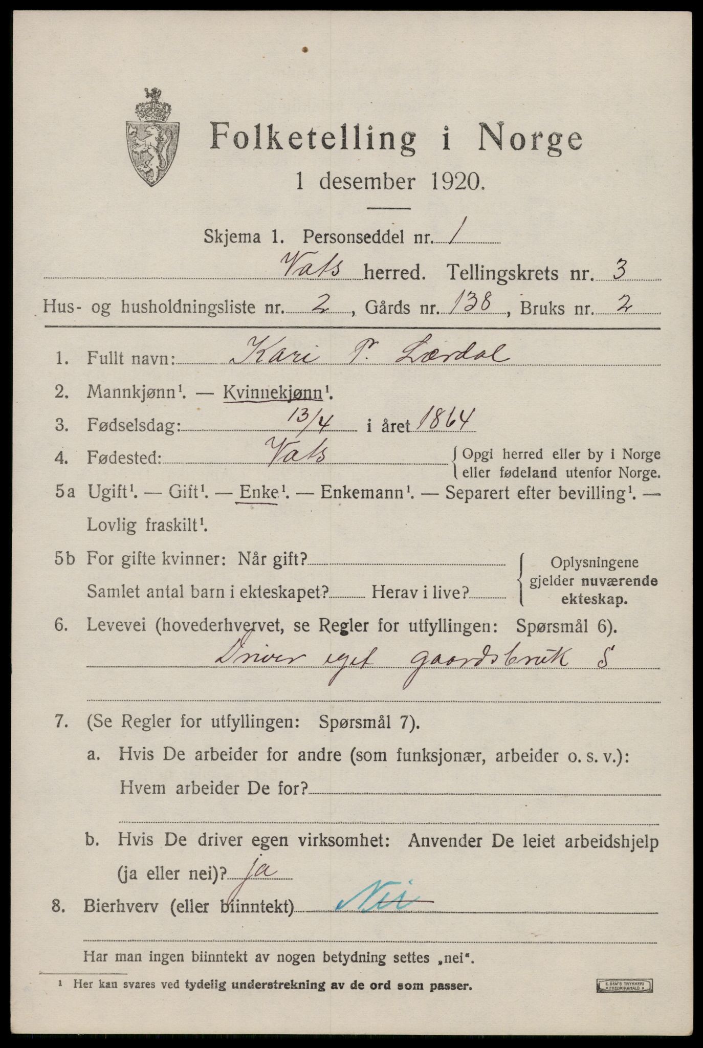 SAST, Folketelling 1920 for 1155 Vats herred, 1920, s. 1091