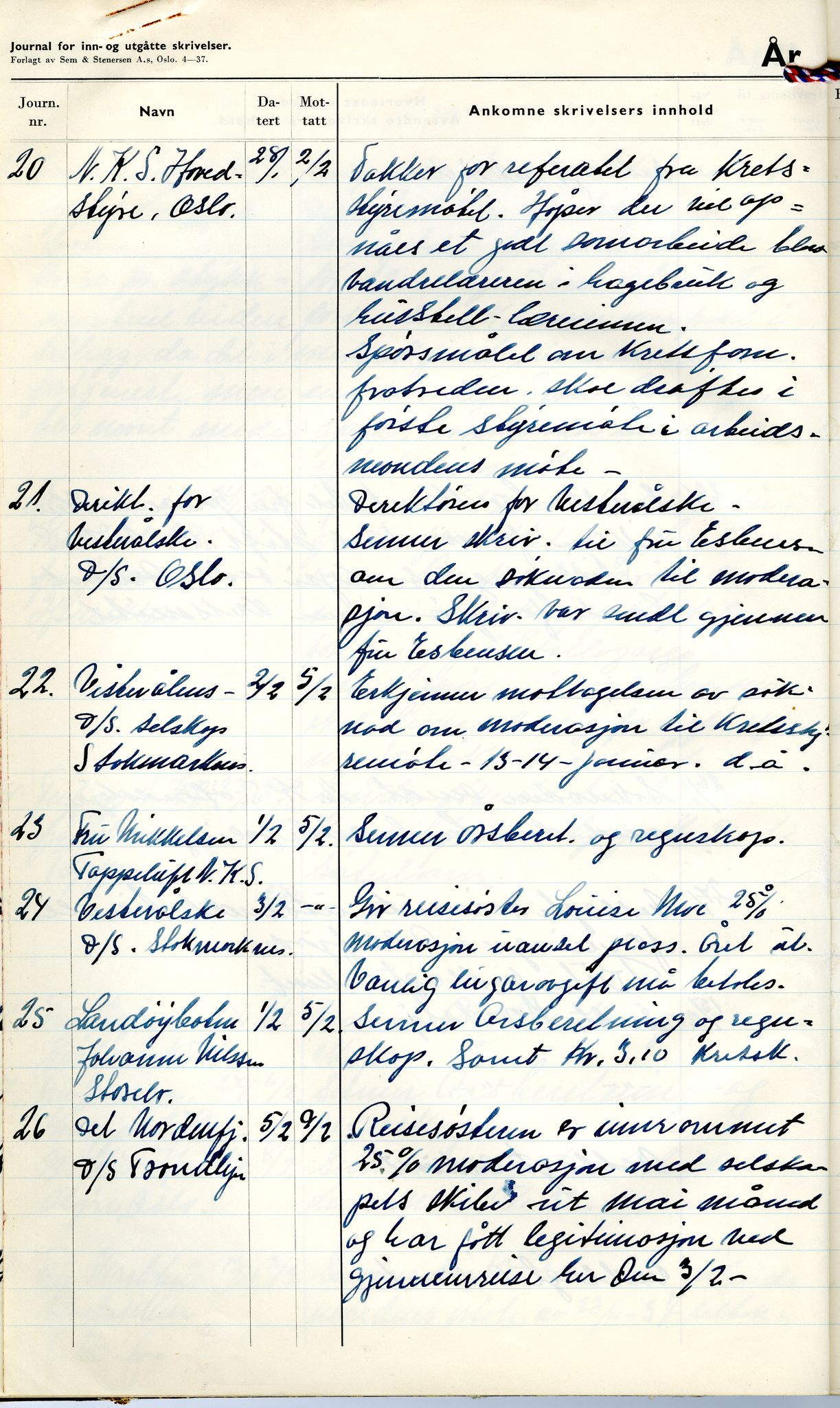 Norske Kvinners Sanitetsforening Finnmark , FMFB/A-1006/C/L0008: Journal for inn- og utgåtte brev, 1938-1944