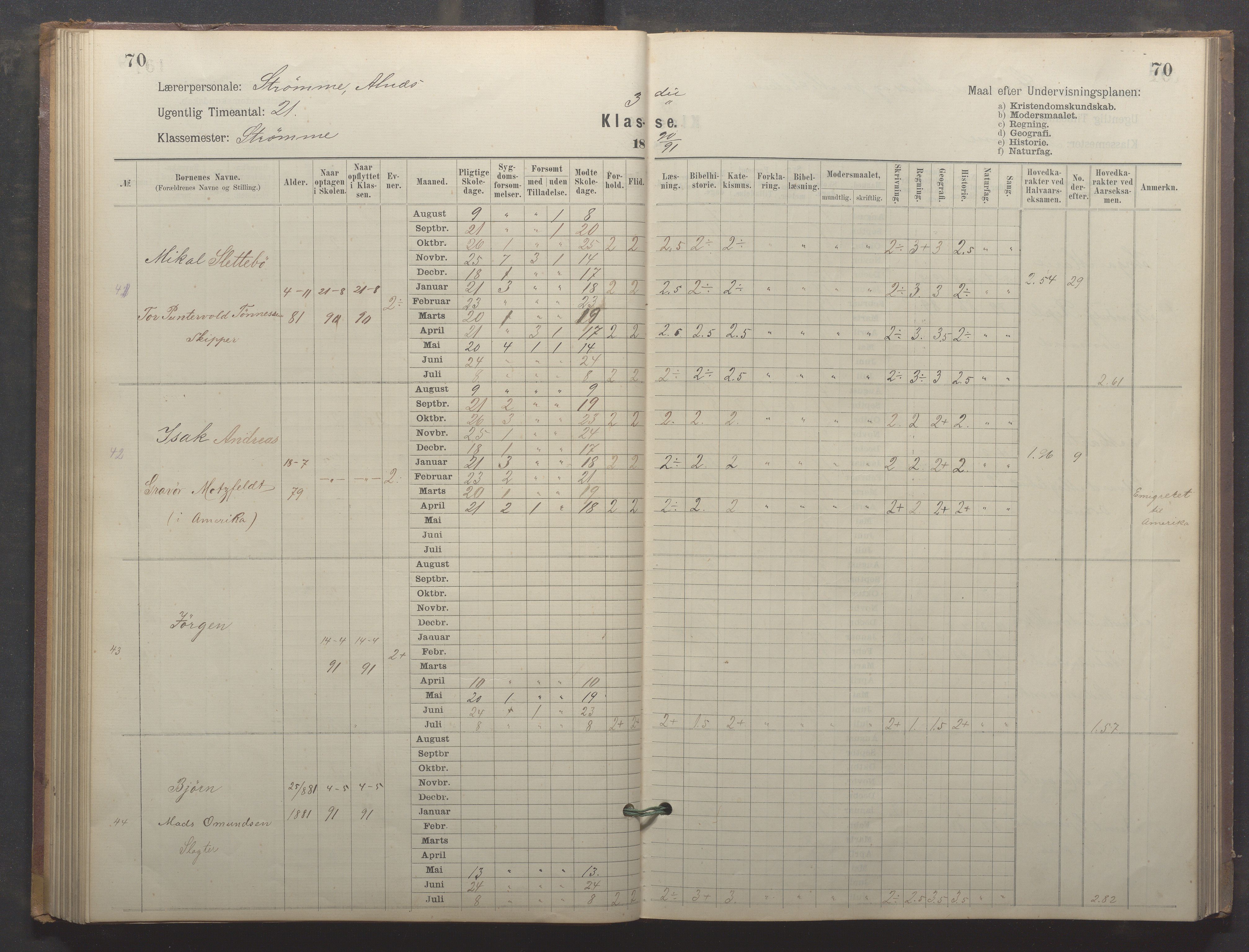 Egersund kommune (Ladested) - Egersund almueskole/folkeskole, IKAR/K-100521/H/L0024: Skoleprotokoll - Almueskolen, 3. klasse, 1887-1892, s. 70