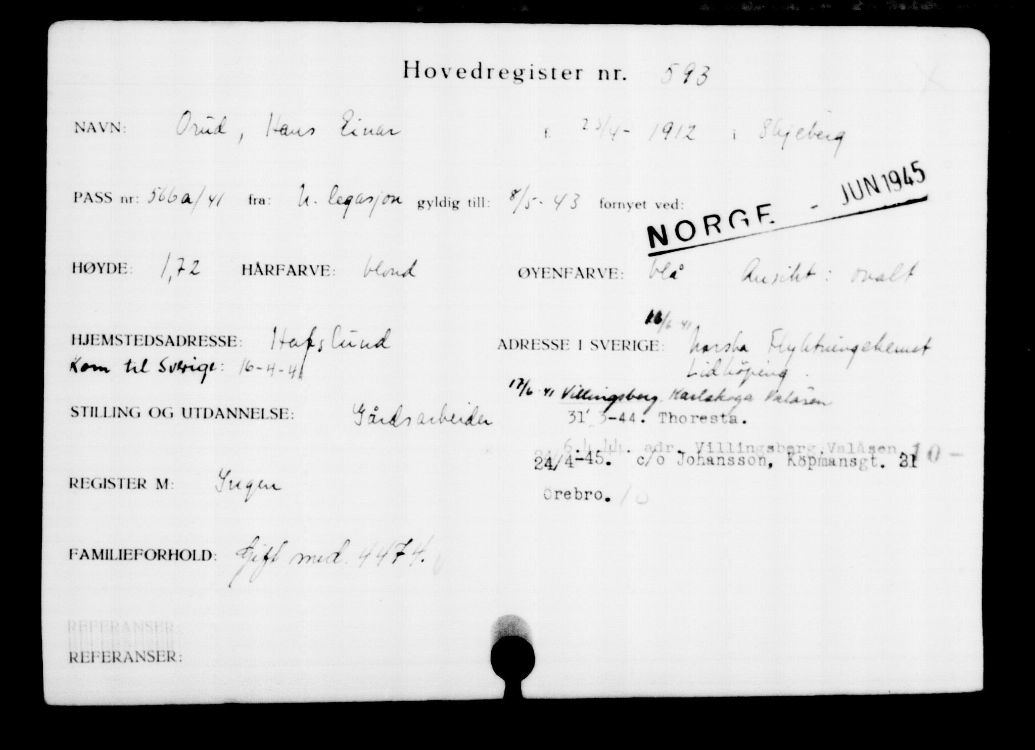 Utenriksstasjonene, Legasjonen i Stockholm, Flyktningkontoret, AV/RA-S-6753/V/Va/L0001: Kjesäterkartoteket, flyktninger med registreringsnr. 1-1000, 1940-1945, s. 924