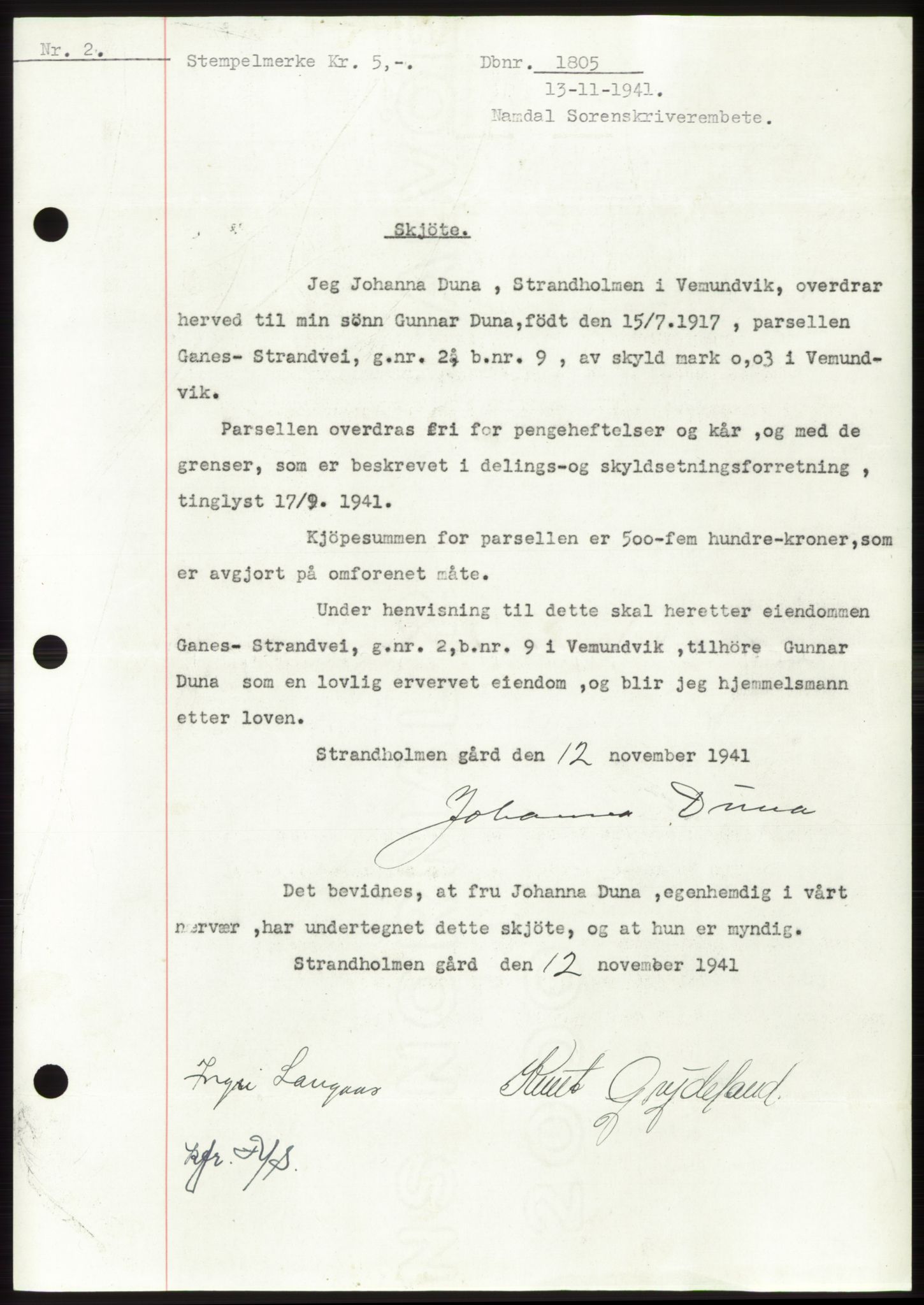 Namdal sorenskriveri, SAT/A-4133/1/2/2C: Pantebok nr. -, 1941-1942, Dagboknr: 1805/1941
