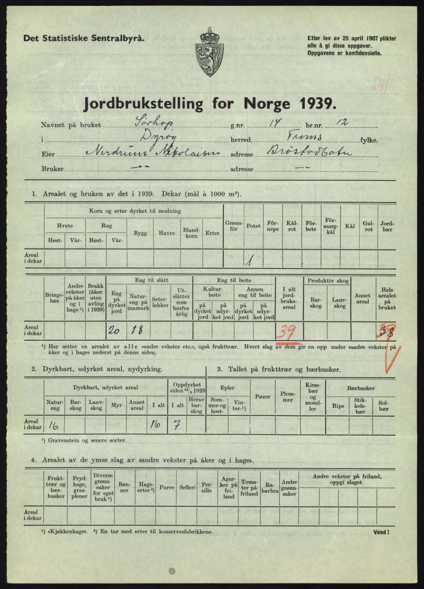 Statistisk sentralbyrå, Næringsøkonomiske emner, Jordbruk, skogbruk, jakt, fiske og fangst, AV/RA-S-2234/G/Gb/L0340: Troms: Salangen og Dyrøy, 1939, s. 1327