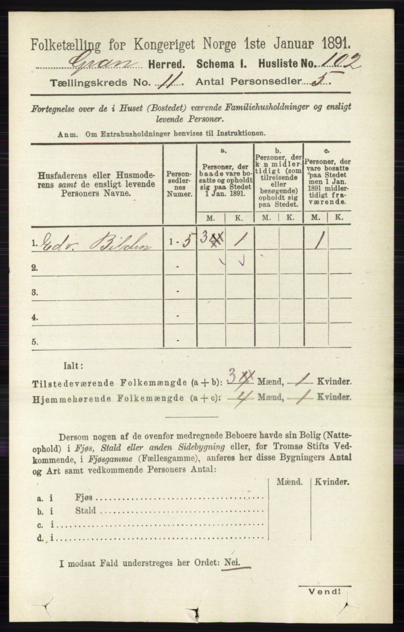 RA, Folketelling 1891 for 0534 Gran herred, 1891, s. 5460