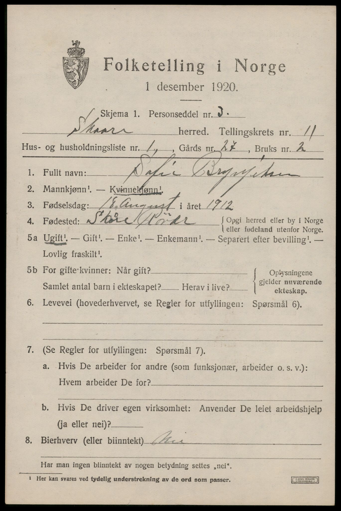 SAST, Folketelling 1920 for 1153 Skåre herred, 1920, s. 8280