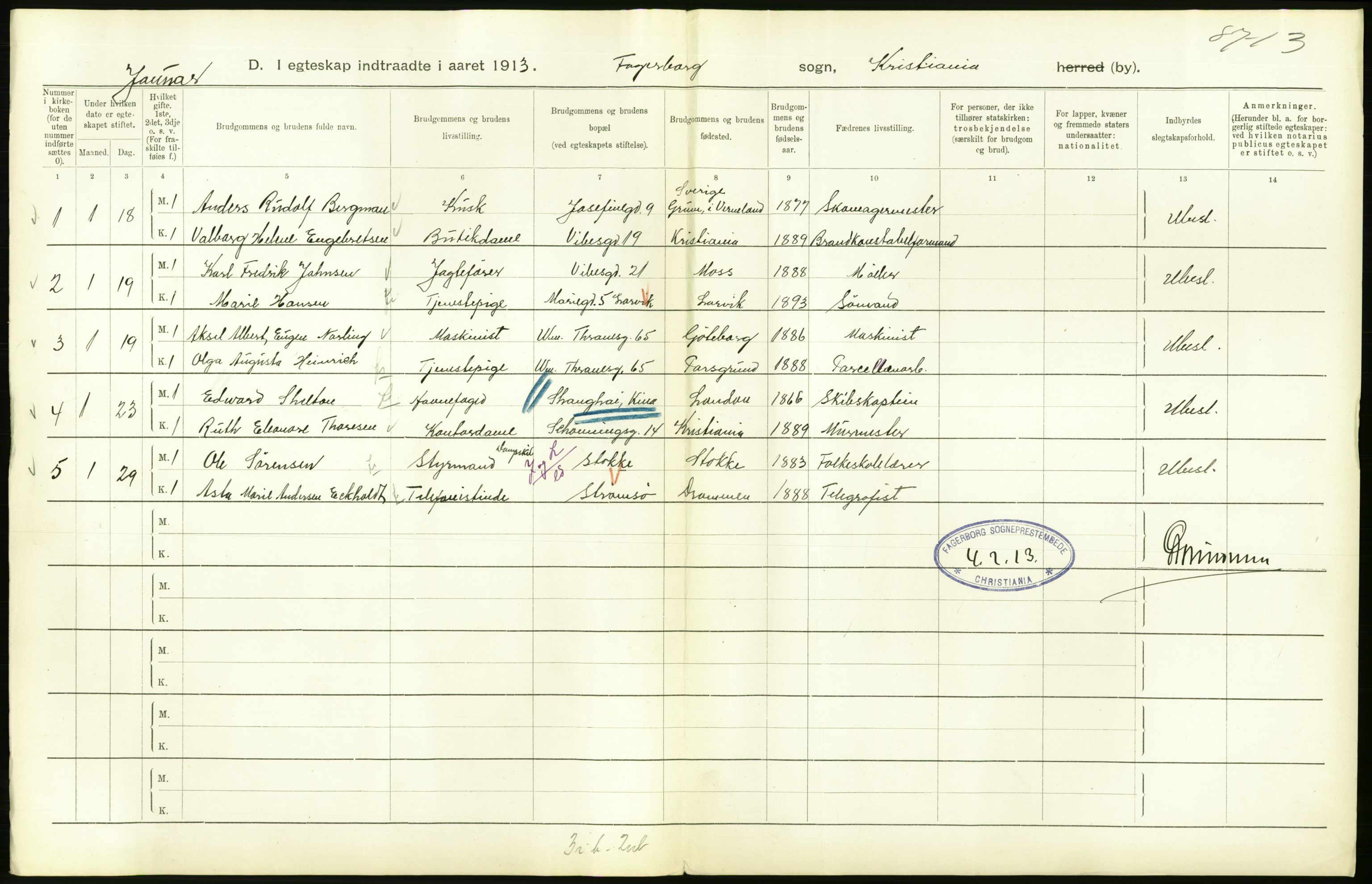 Statistisk sentralbyrå, Sosiodemografiske emner, Befolkning, RA/S-2228/D/Df/Dfb/Dfbc/L0008: Kristiania: Gifte., 1913, s. 538