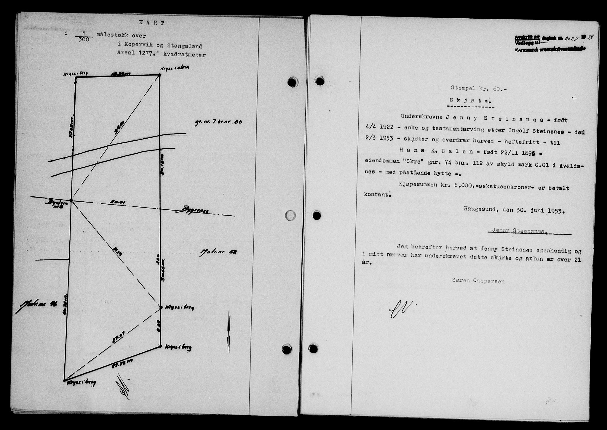 Karmsund sorenskriveri, SAST/A-100311/01/II/IIB/L0109: Pantebok nr. 89A, 1953-1953, Dagboknr: 2028/1953