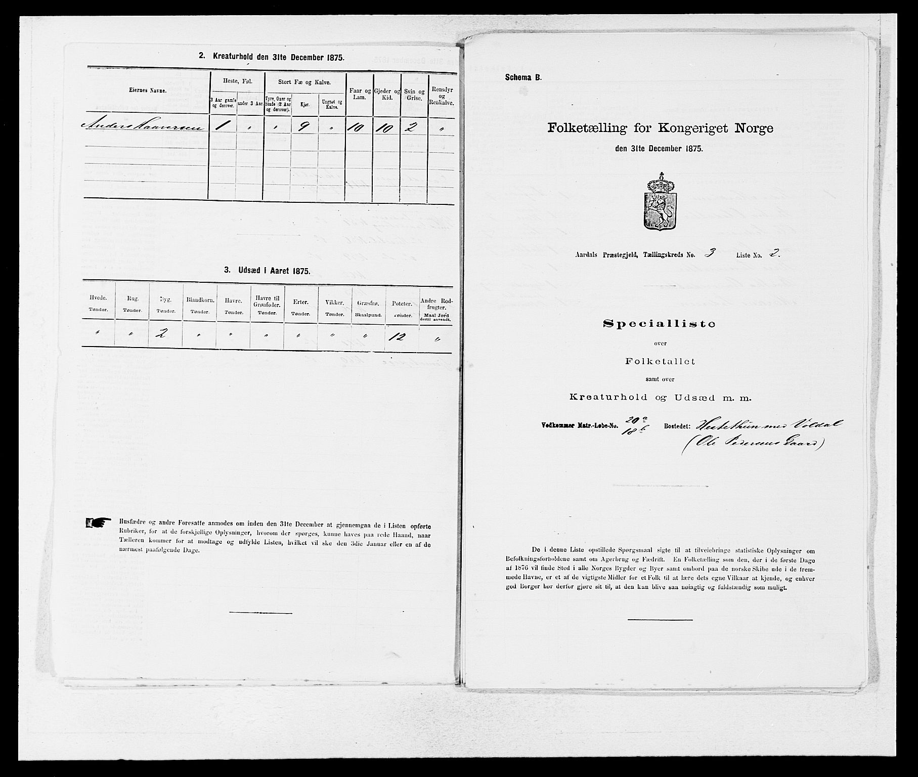 SAB, Folketelling 1875 for 1424P Årdal prestegjeld, 1875, s. 311