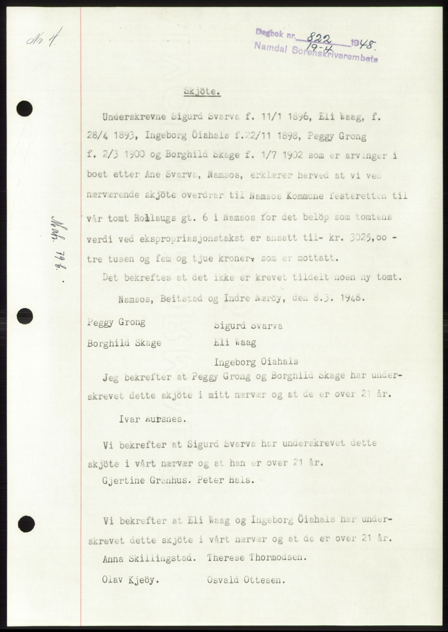 Namdal sorenskriveri, SAT/A-4133/1/2/2C: Pantebok nr. -, 1947-1948, Dagboknr: 822/1948