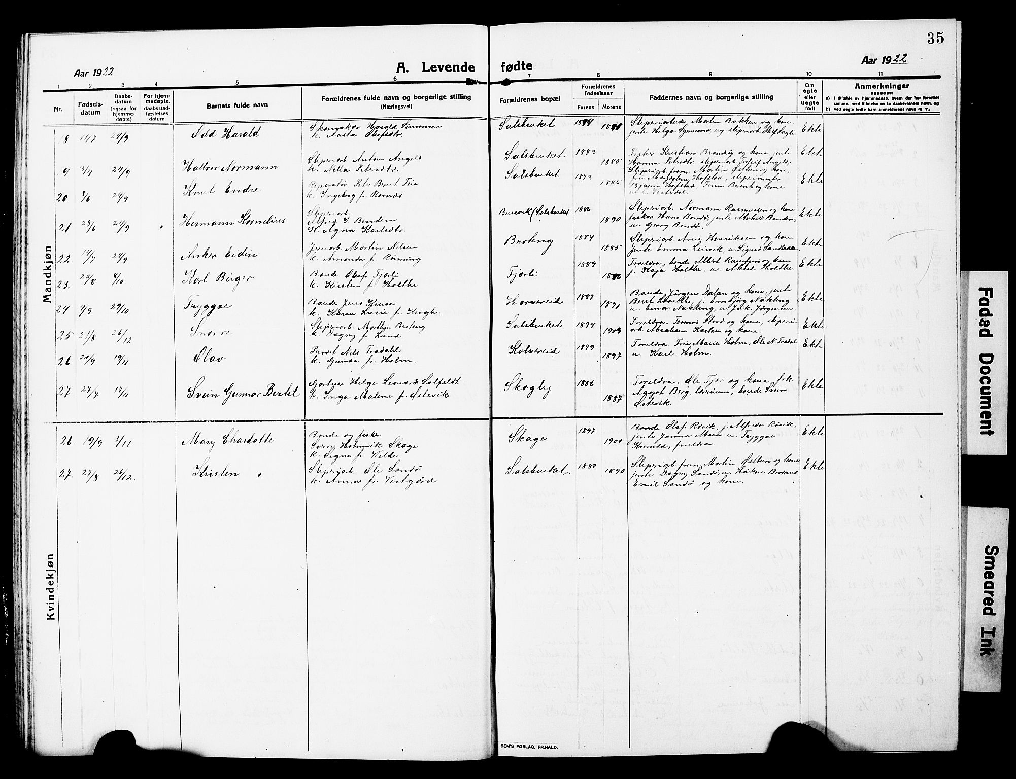 Ministerialprotokoller, klokkerbøker og fødselsregistre - Nord-Trøndelag, SAT/A-1458/780/L0653: Klokkerbok nr. 780C05, 1911-1927, s. 35
