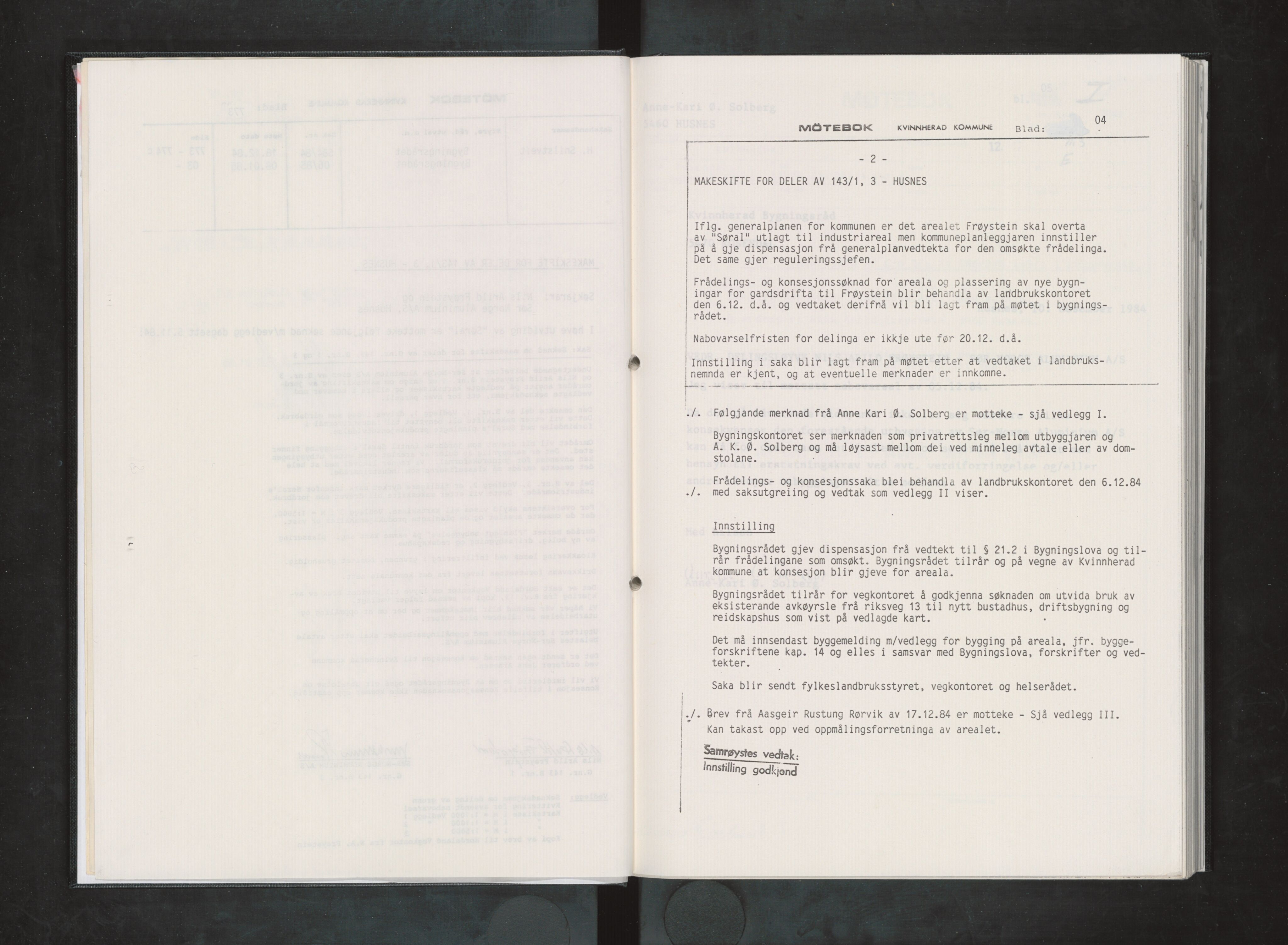 Kvinnherad kommune. Bygningsrådet , IKAH/1224-511/A/Aa/L0042: Møtebok for Kvinnherad bygningsråd, 1985