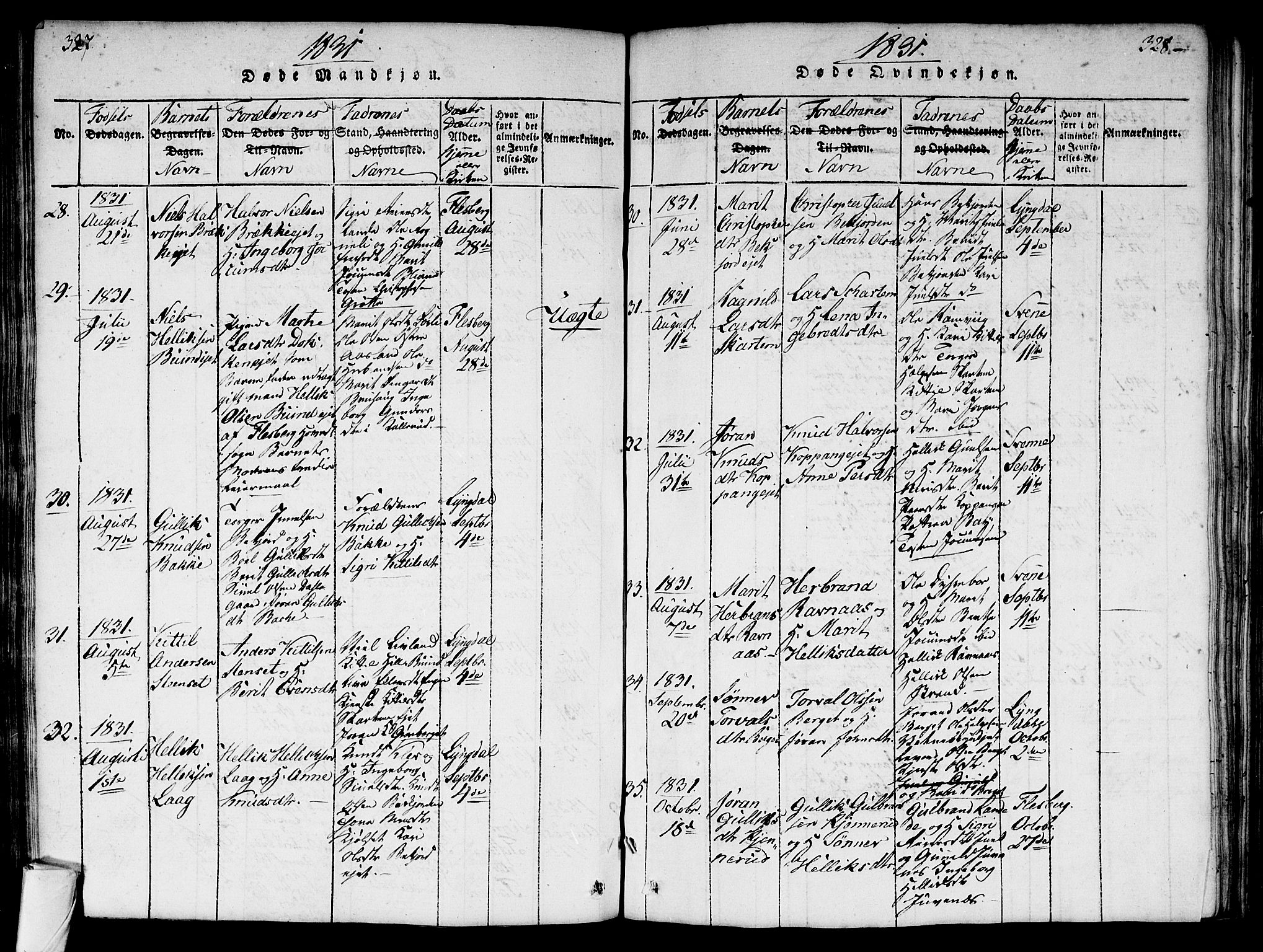 Flesberg kirkebøker, AV/SAKO-A-18/G/Ga/L0001: Klokkerbok nr. I 1, 1816-1834, s. 327-328