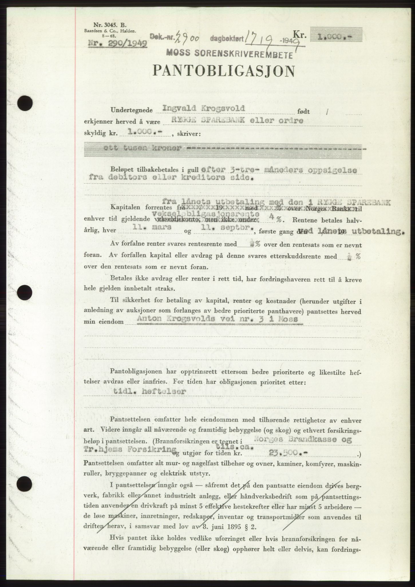 Moss sorenskriveri, SAO/A-10168: Pantebok nr. B22, 1949-1949, Dagboknr: 2900/1949